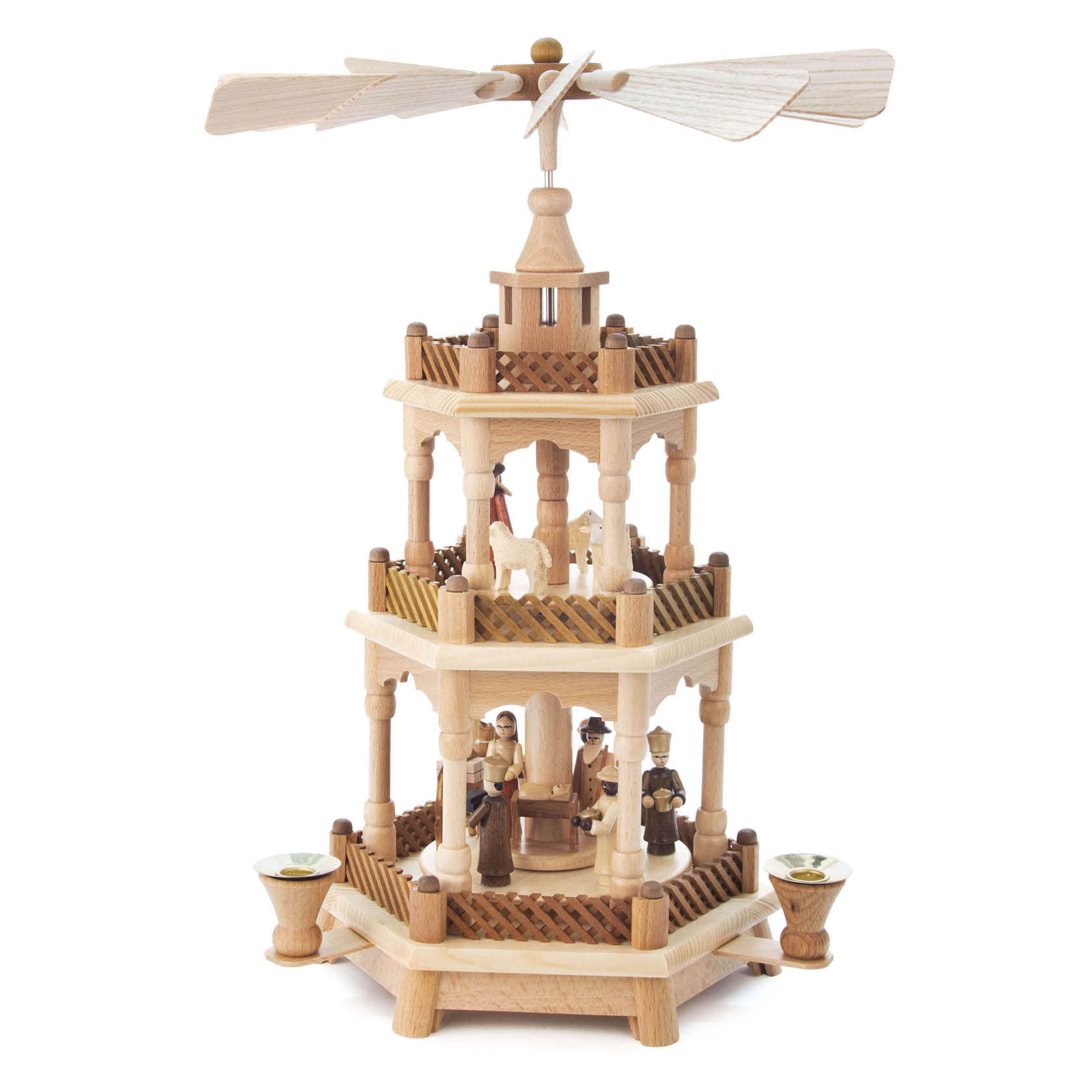 Holzpyramide mit zwei Ebenen zeigt das Motiv der Christi Geburt. Figuren von Maria, Josef, dem Jesuskind und Hirten sind auf den Ebenen verteilt. im Dregeno Online Shop günstig kaufen