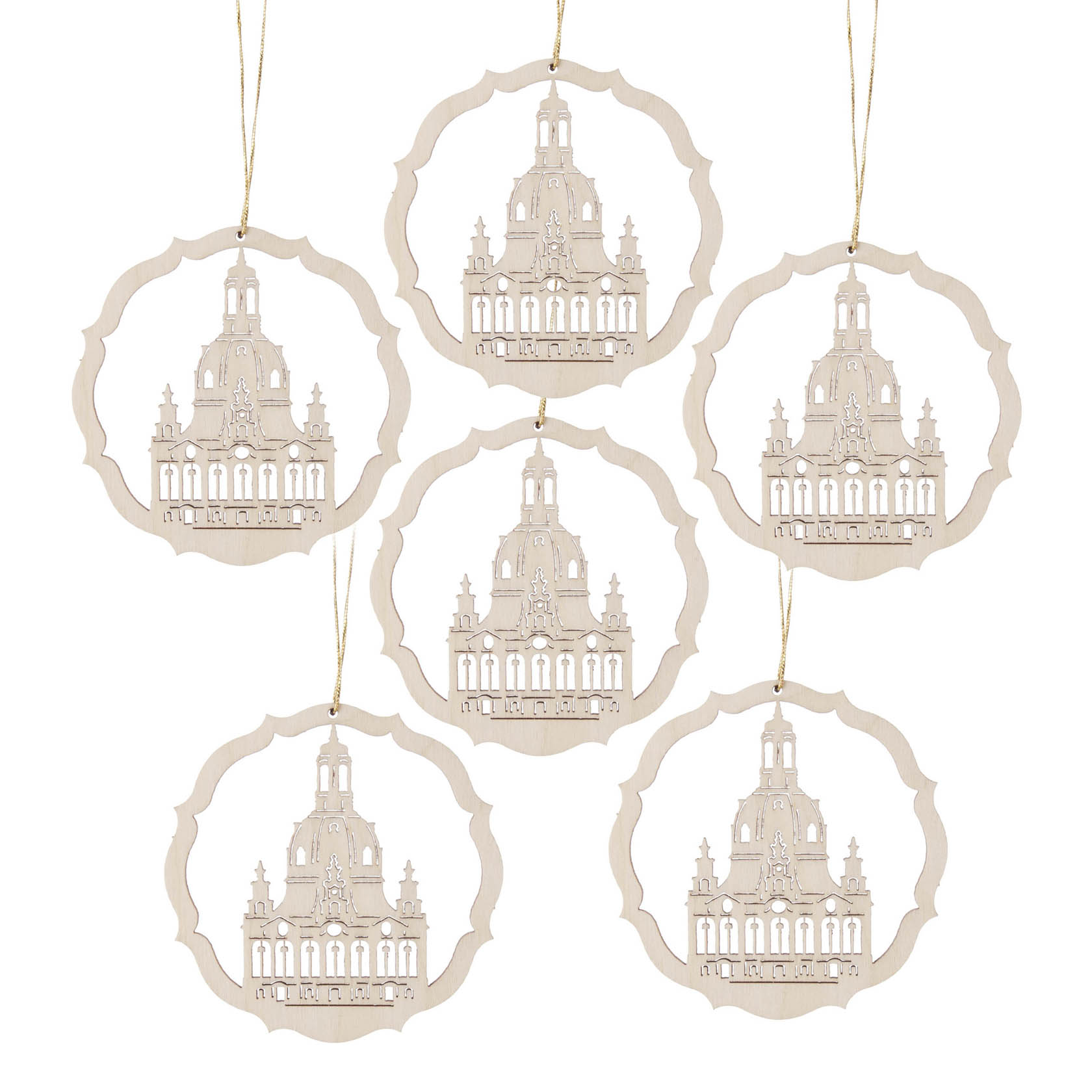 Six wooden ornaments with the silhouette of the Dresden Frauenkirche enclosed in circular frames, each hanging from a golden string. im Dregeno Online Shop günstig kaufen
