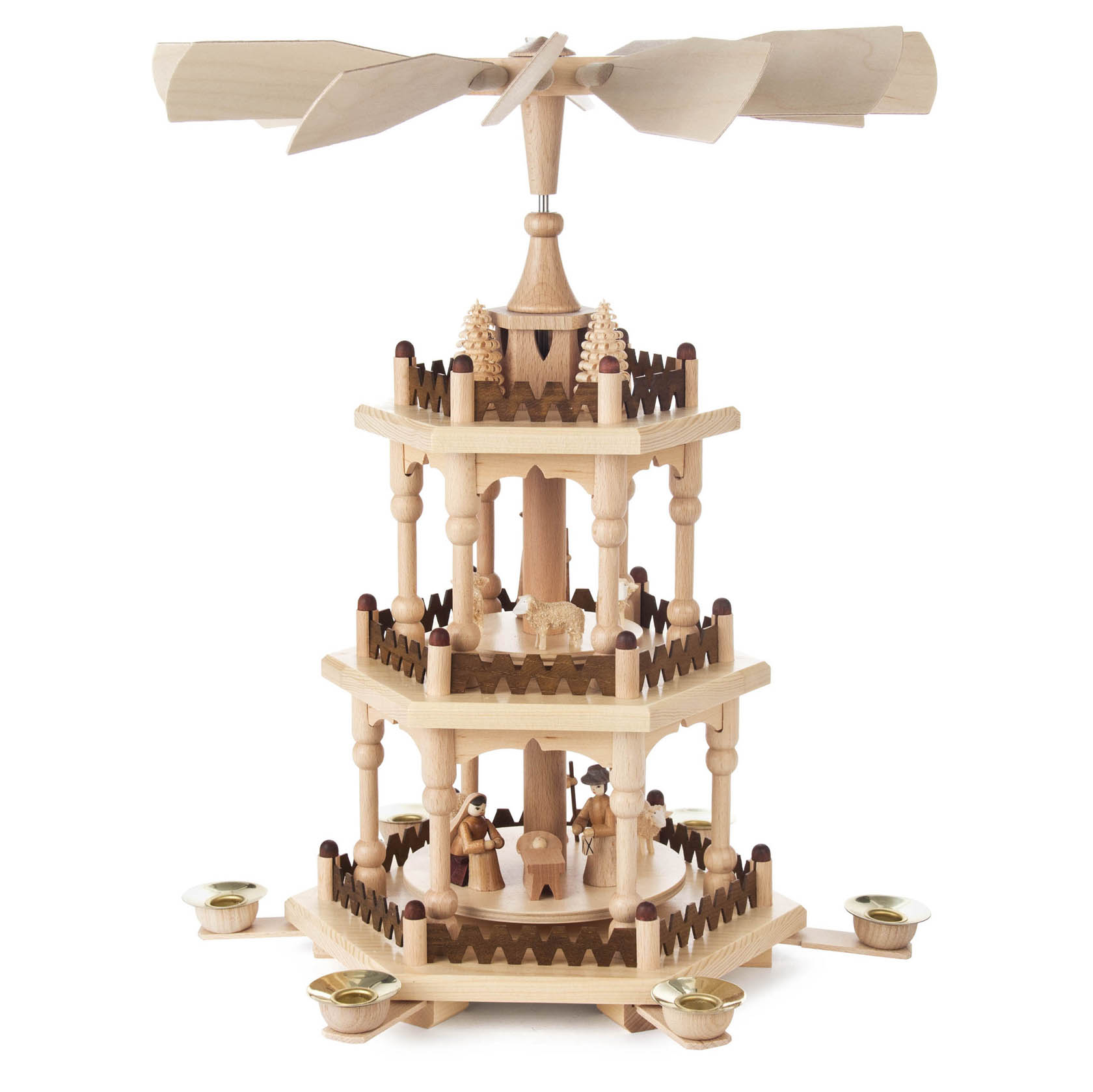 Zweistufige Weihnachtspyramide aus Holz mit Figuren der Geburt Christi und einem Propeller oben. Vier Kerzenhalter an den Ecken für 14mm Kerzen. im Dregeno Online Shop günstig kaufen