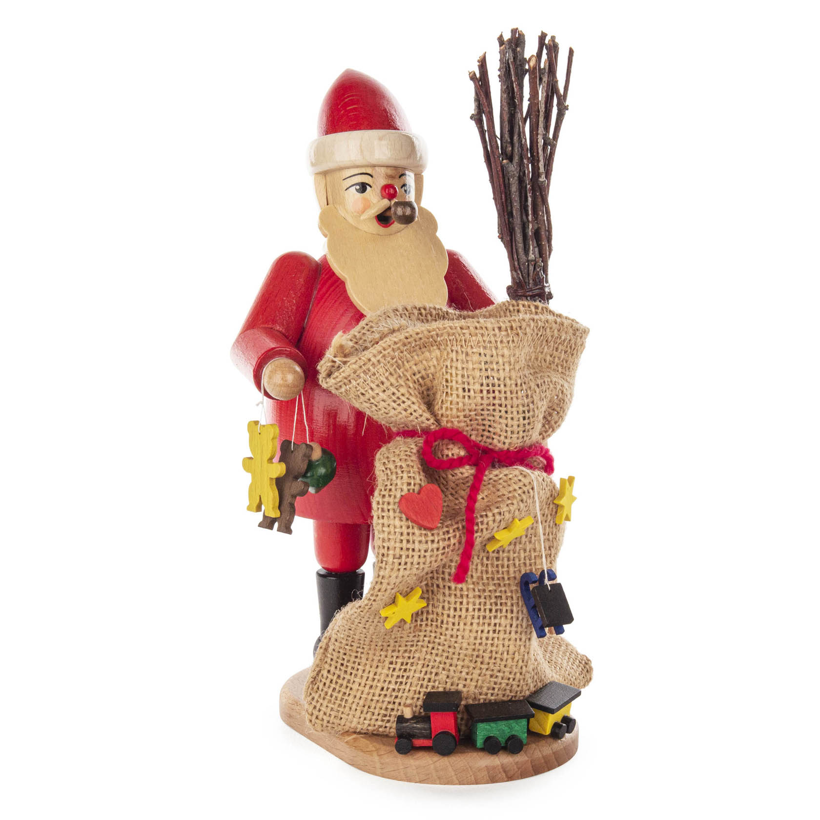 Ein traditioneller Räuchermann in Form eines Weihnachtsmannes, der einen Sack mit kleinen Holzspielzeugen hält, sowie eine Rute in der Hand. im Dregeno Online Shop günstig kaufen