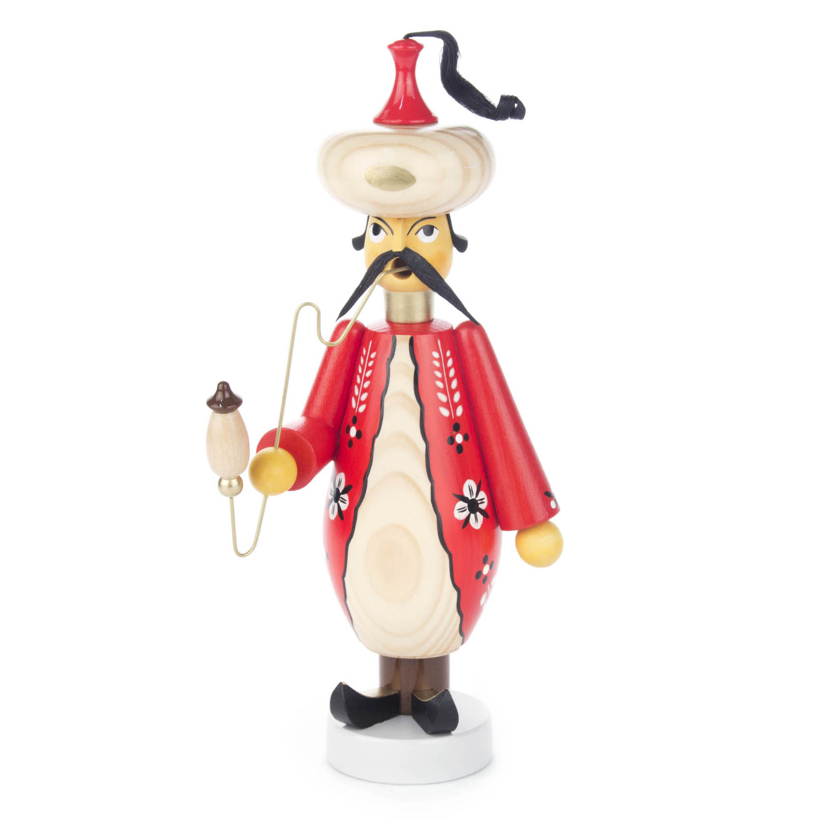 Traditioneller Räuchermann in Form eines Türken mit rotem Mantel, schwarzem Schnurrbart und einer langen Pfeife in der Hand. im Dregeno Online Shop günstig kaufen