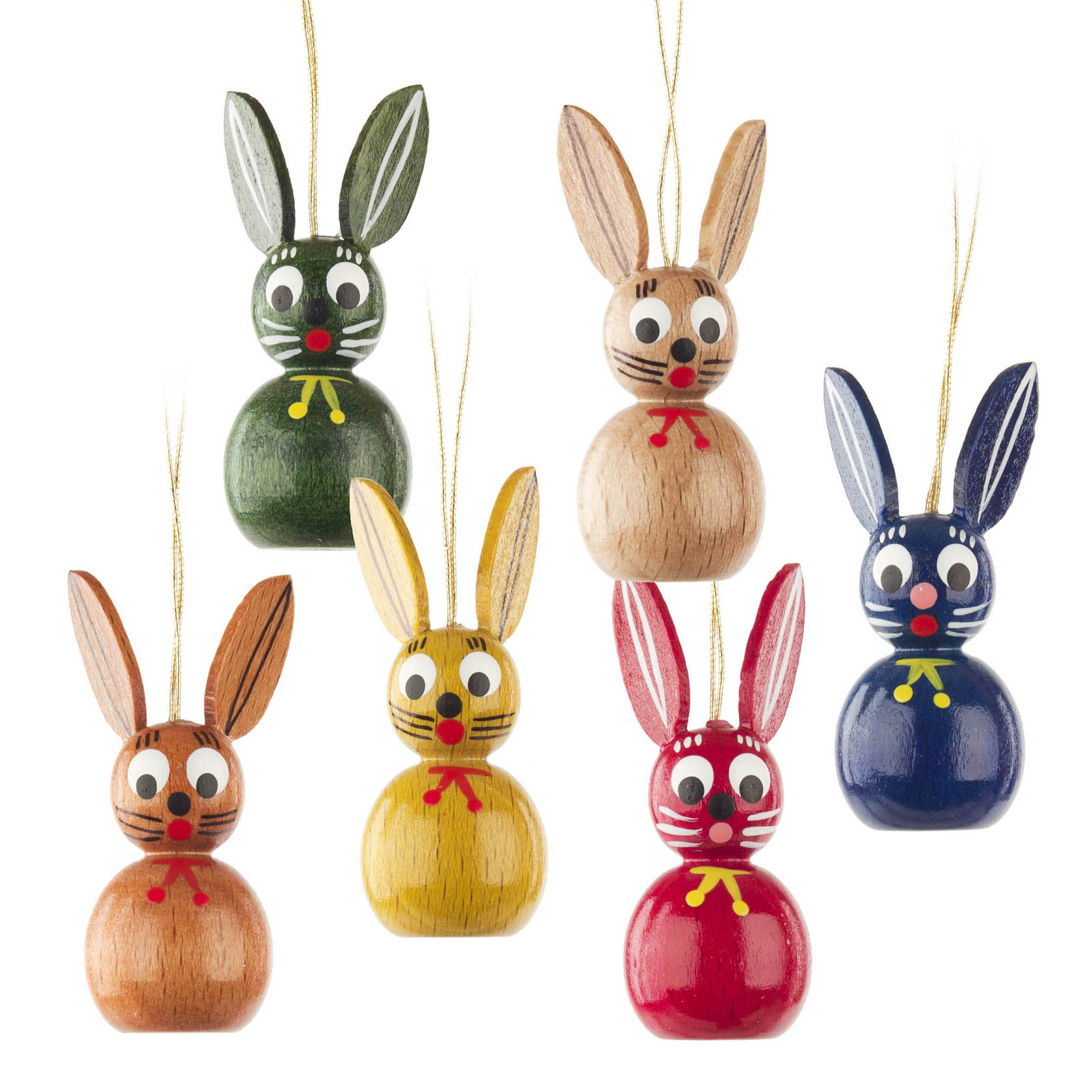Sechs Holzosterhasen in verschiedenen Farben mit bemalten Gesichtern und langen Ohren, jeweils mit einer Schnur als Aufhänger. im Dregeno Online Shop günstig kaufen