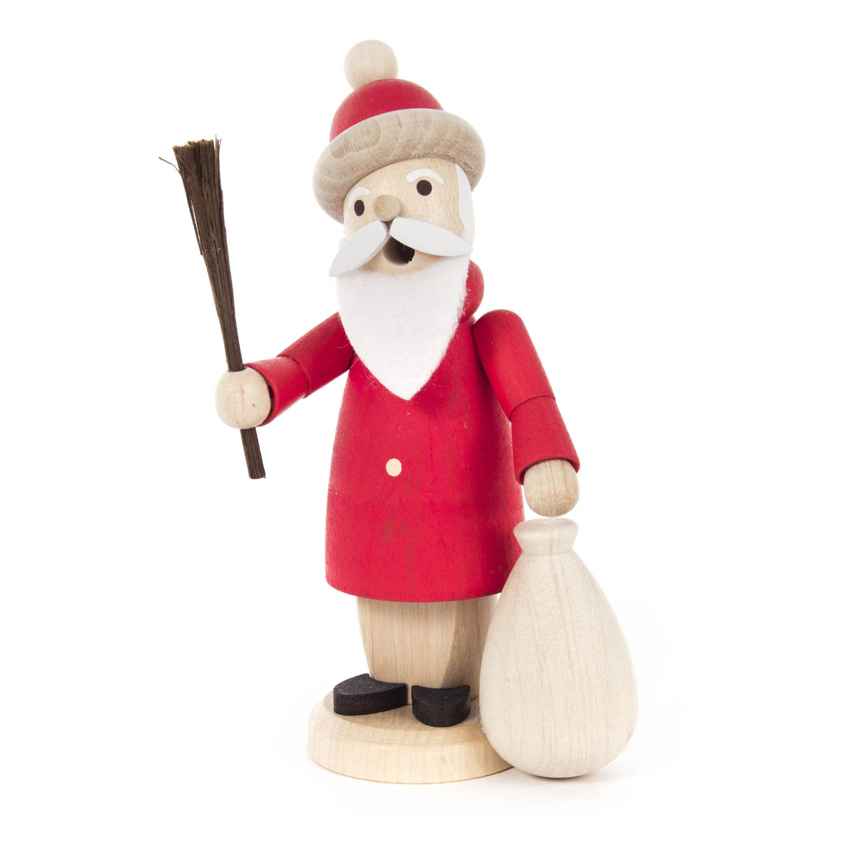 A small wooden figurine of Santa Claus, known in German as Räuchermann Ruprecht, is depicted with a red coat, white beard, and a matching red hat. He holds a brown stick in one hand and a white sack in the other. im Dregeno Online Shop günstig kaufen