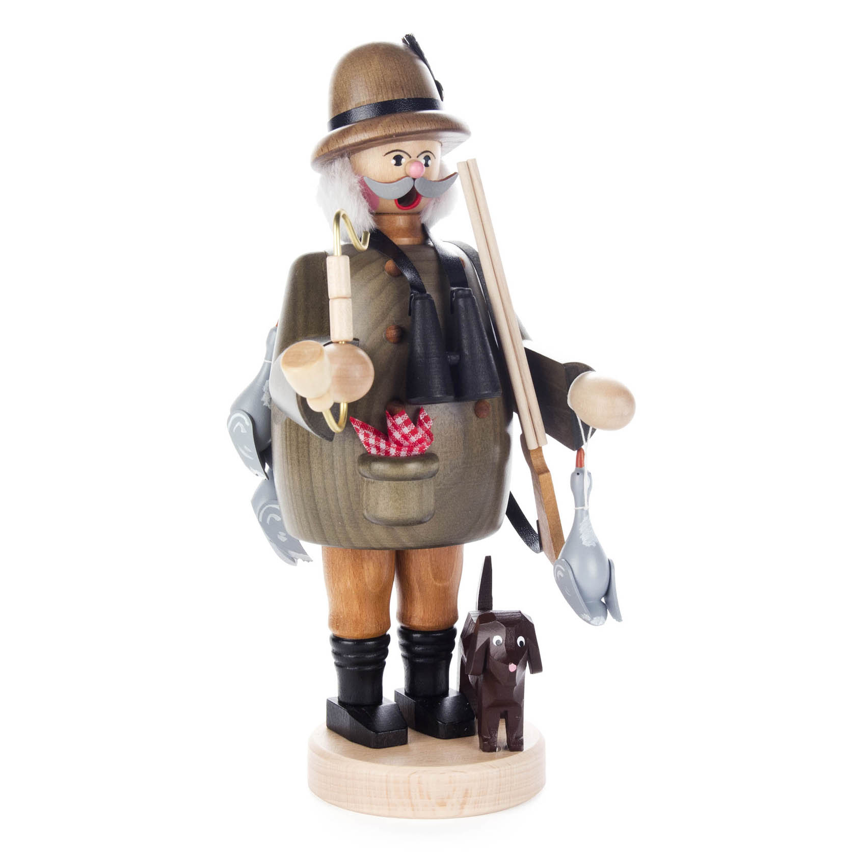 Räuchermann in Försterkleidung mit grauem Wildgansdekor und kleinem braunen Hund zu seinen Füßen. im Dregeno Online Shop günstig kaufen