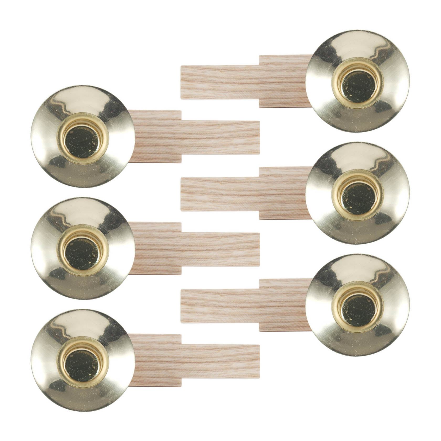 Six brass candle holders attached to light wooden bases arranged evenly in two vertical columns. im Dregeno Online Shop günstig kaufen