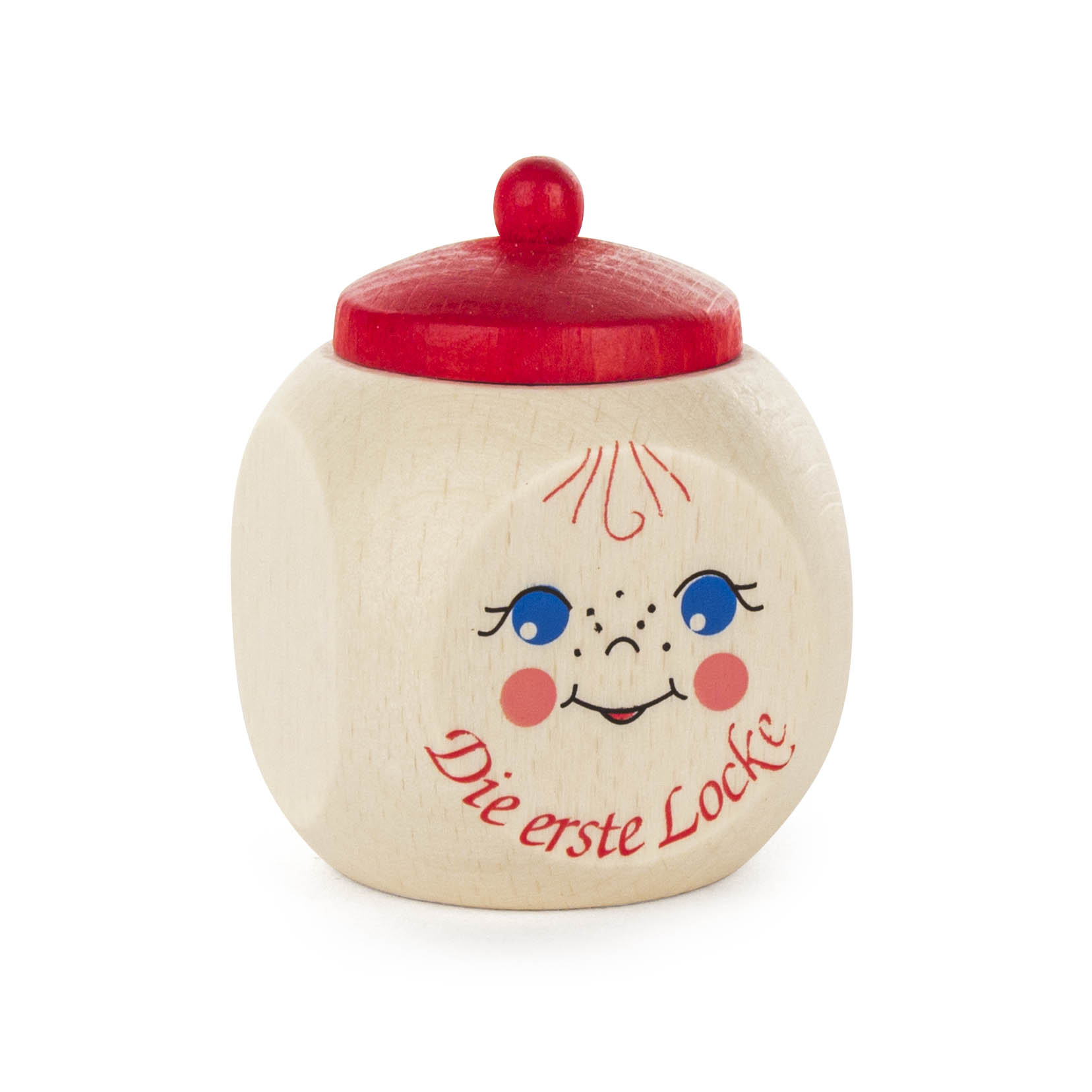 Holzdose mit rotem Deckel und lachendem Gesicht. Sie ist mit dem Text 'Die erste Locke' verziert und kann die erste Haarlocke eines Babys aufbewahren. im Dregeno Online Shop günstig kaufen