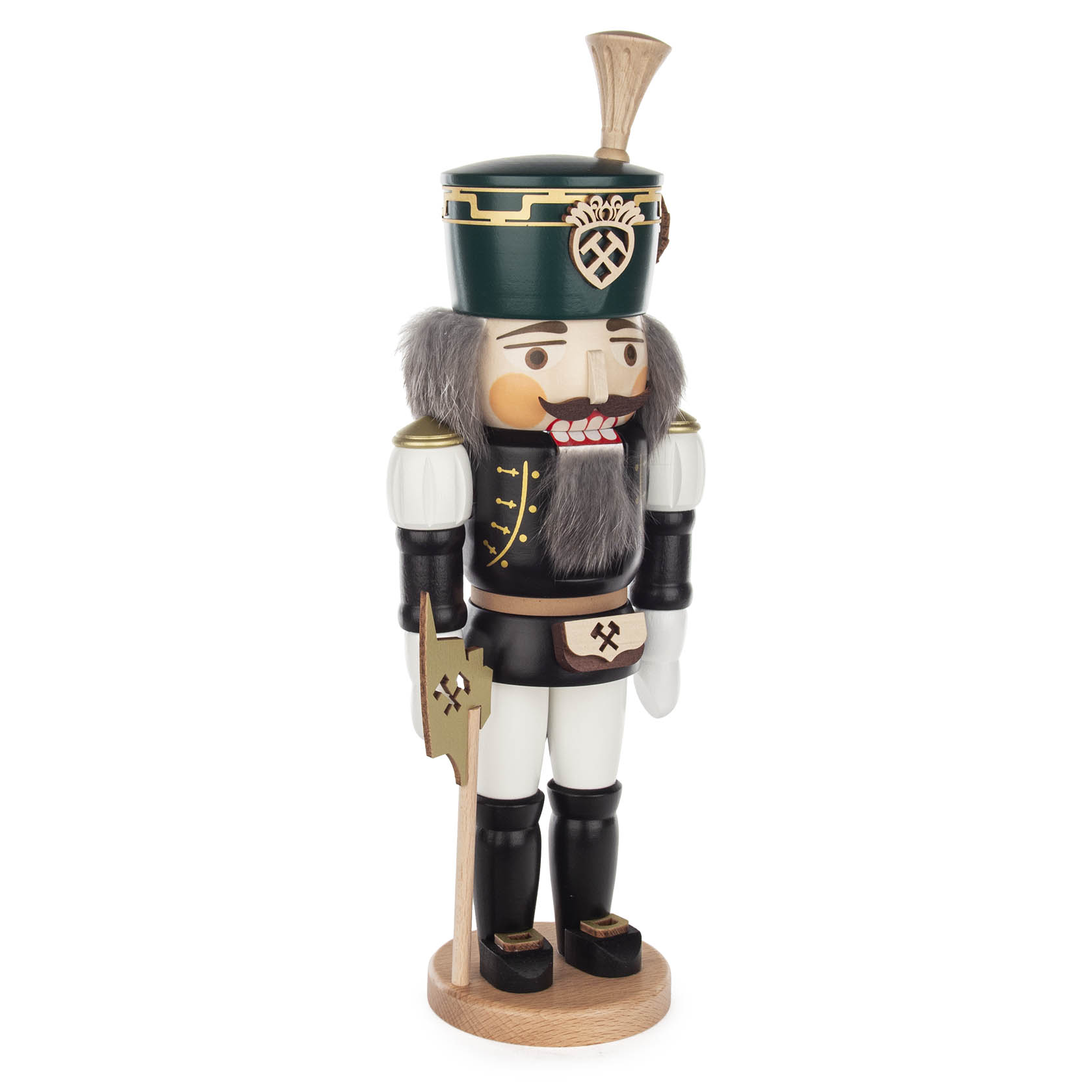 A wooden nutcracker in the form of a traditional miner, wearing a green hat with black and gold trim, a black uniform, and holding a pickaxe and staff.