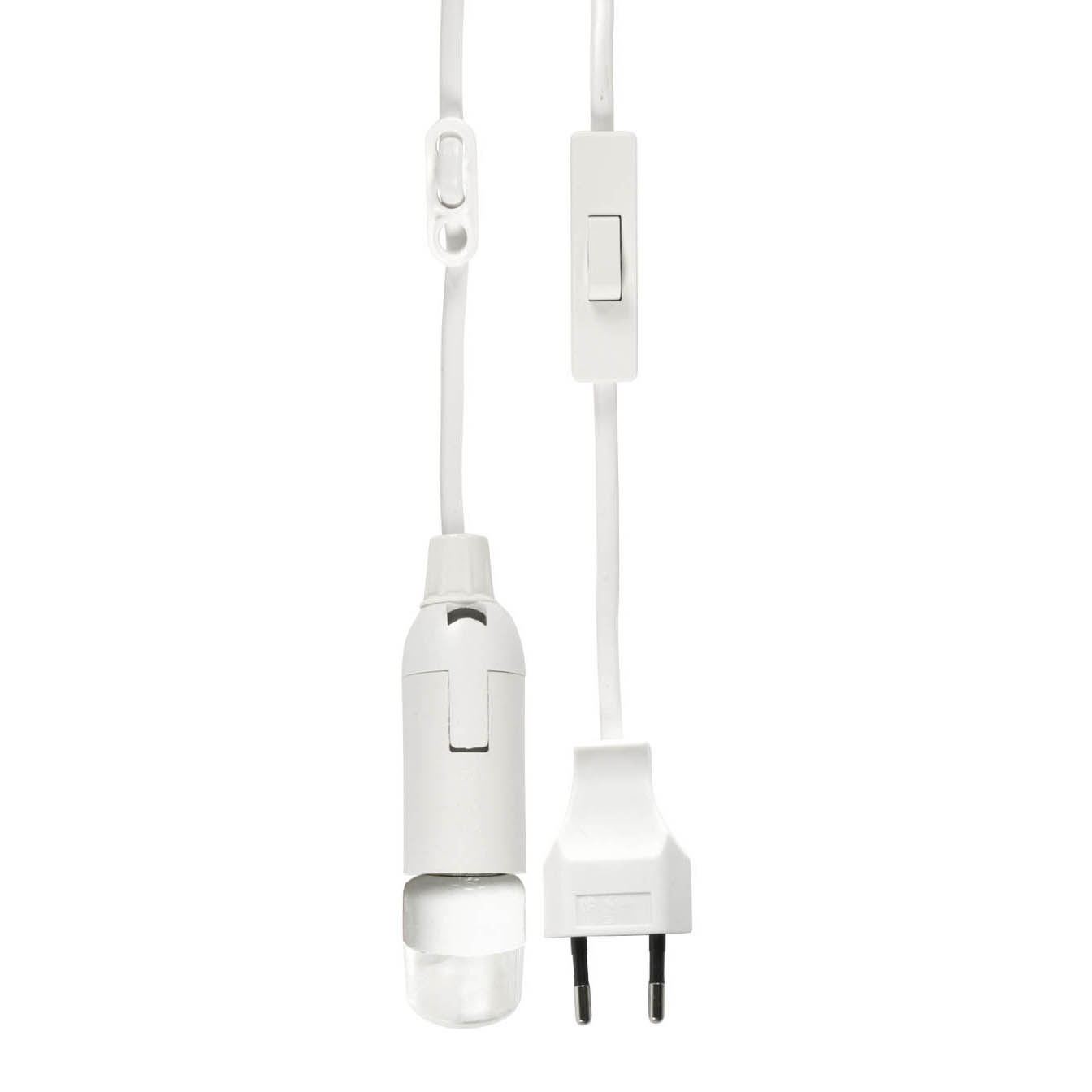 Weiße Fensterbildleitung mit integrierter LED-Lampe und Stromstecker. Die Lampe ist zylindrisch und durchsichtig an der Spitze. im Dregeno Online Shop günstig kaufen