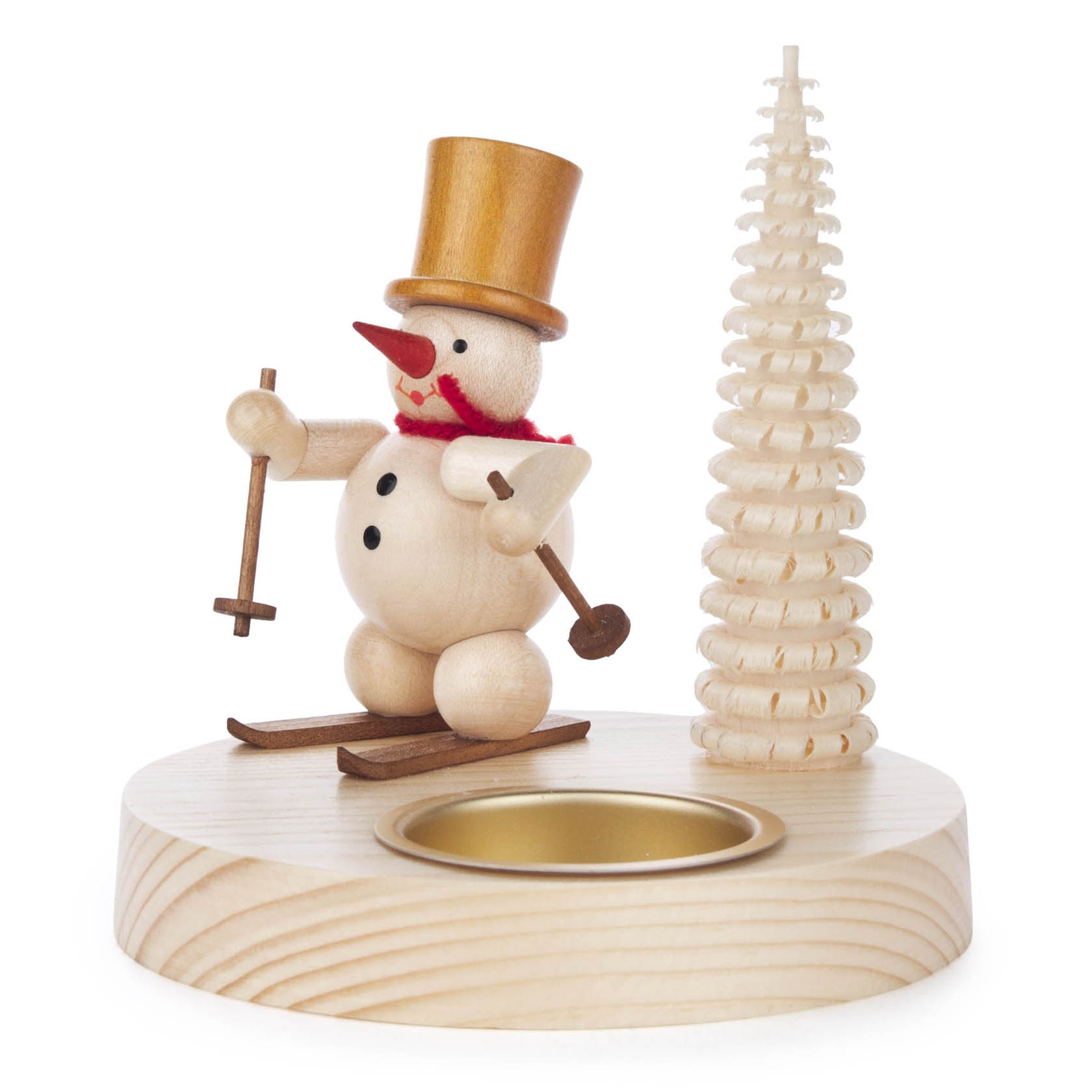 Holz-Teelichthalter mit Schneemann, ausgestattet mit rotem Schal, Zylinder, Skiern und Skistöcken, neben einem kegelförmigen Baum. im Dregeno Online Shop günstig kaufen