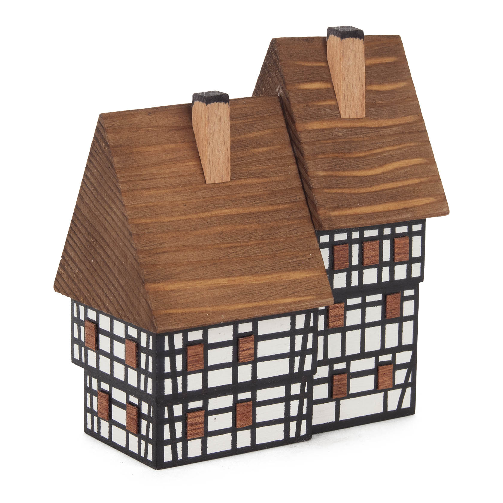 Holzmodel eines städtischen Doppelhauses im Fachwerkstil mit zwei verbundenen, steilen Dächern.
