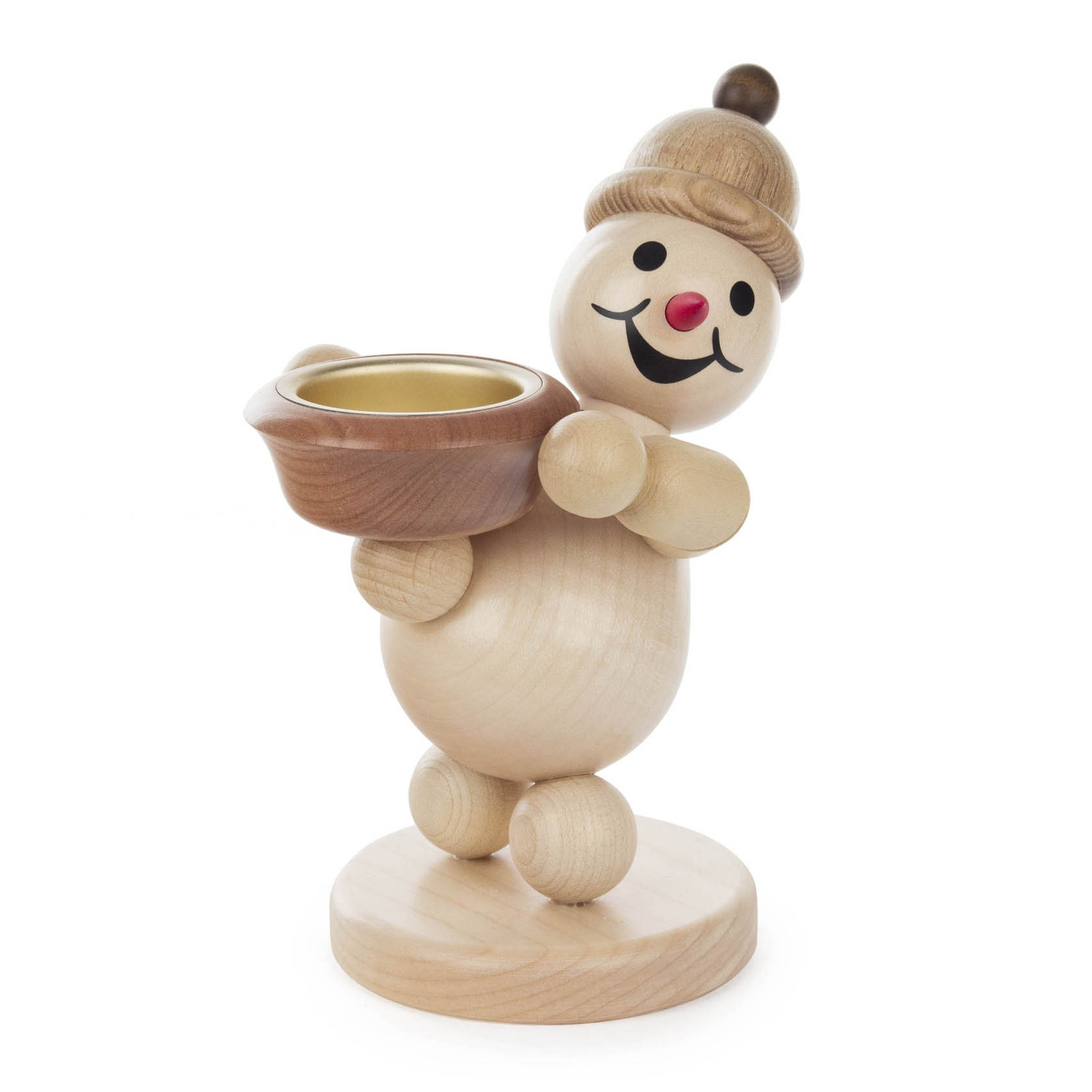 Holzfigur eines Schneemanns mit roter Nase, der einen Teelichthalter in den Händen hält und lächelt. Die Figur trägt eine Mütze und steht aufrecht. im Dregeno Online Shop günstig kaufen