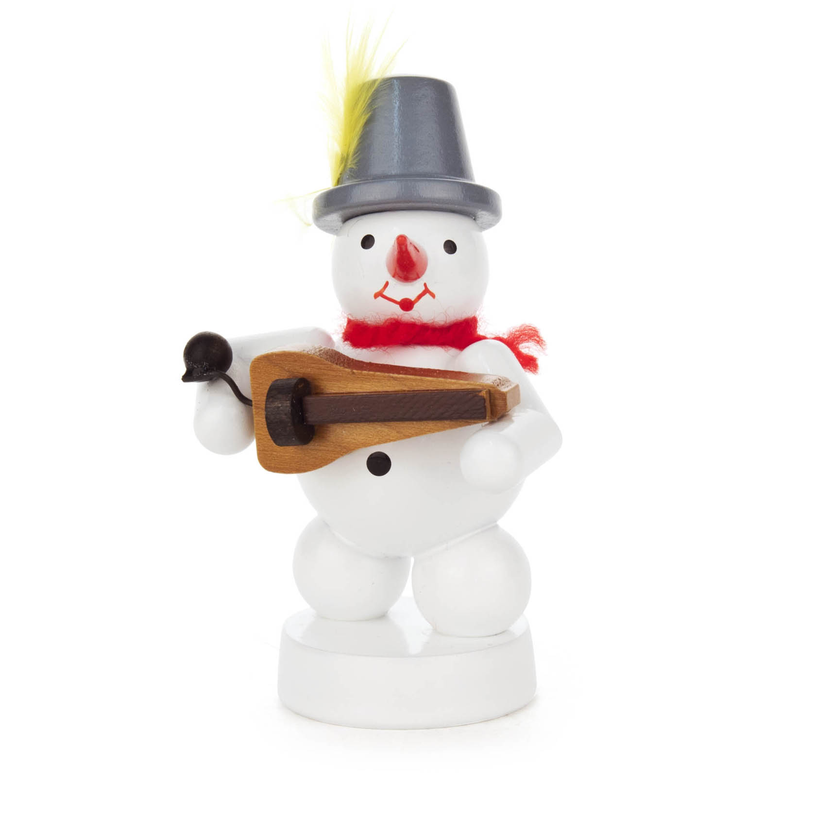 Carved wooden snowman figure with a gray hat playing a hurdy-gurdy and wearing a red scarf. im Dregeno Online Shop günstig kaufen