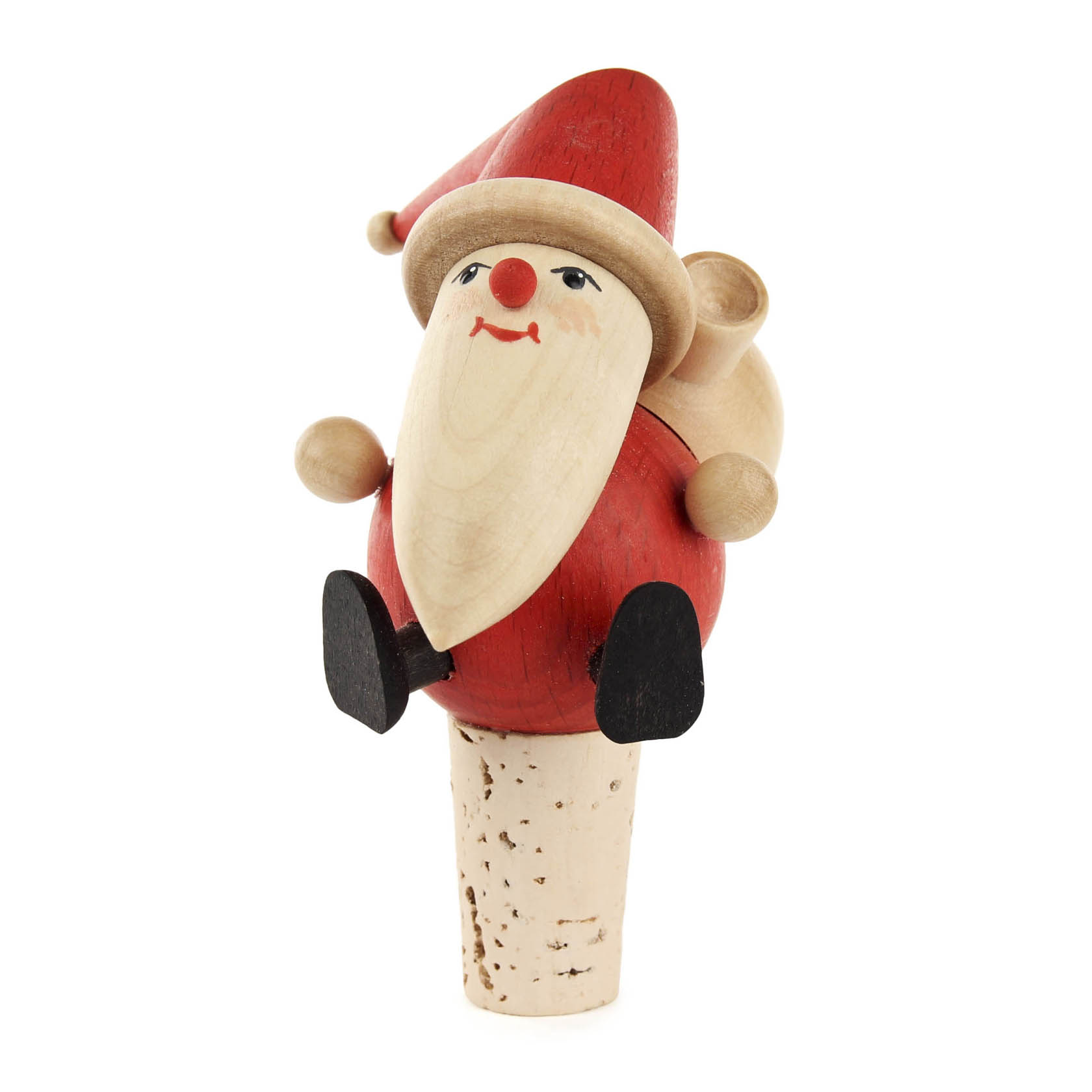 Ein Holz-Weihnachtsmann mit rotem Mantel und Mütze sitzt auf einem Weinkorken, mit einem Sack auf dem Rücken. im Dregeno Online Shop günstig kaufen