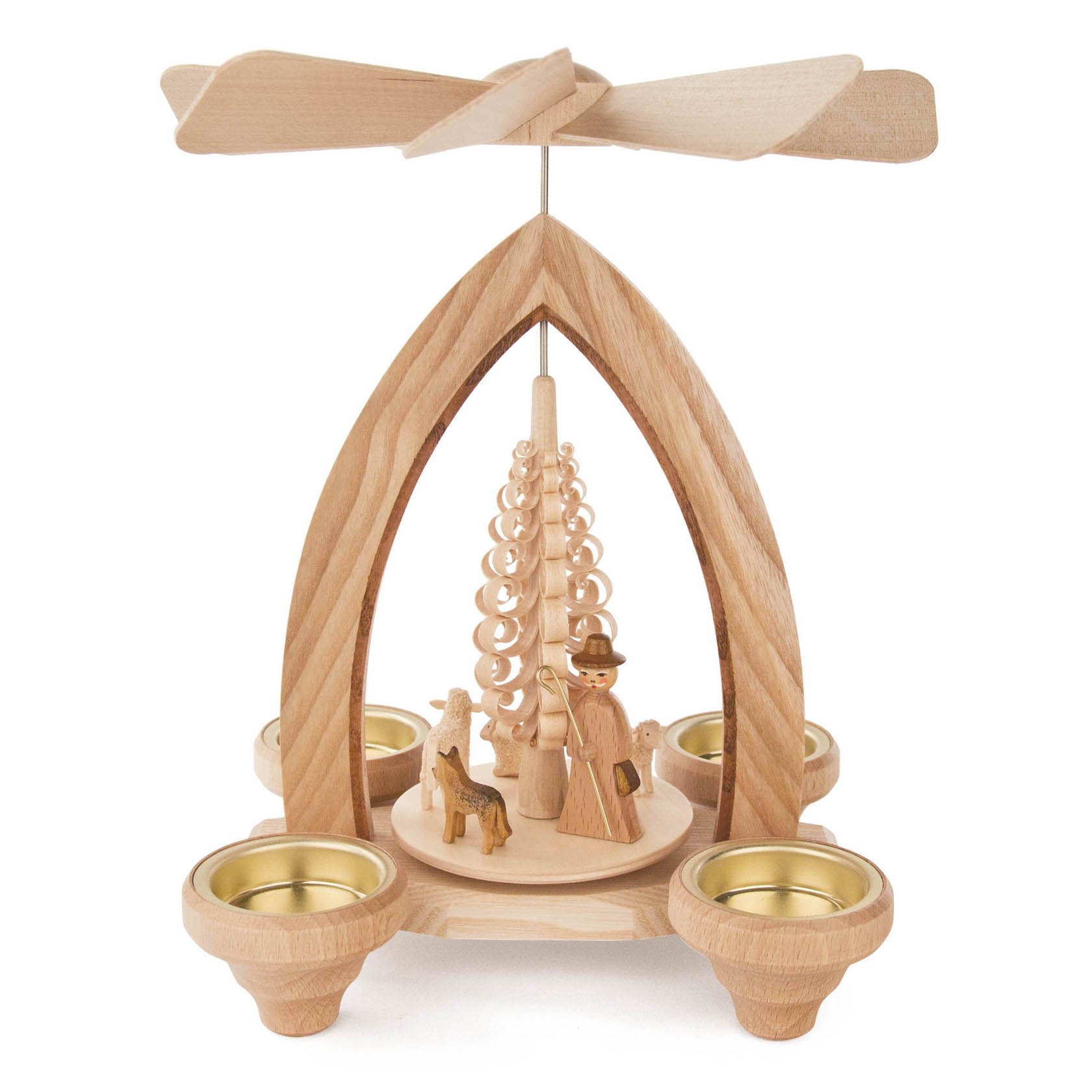 Holzpyramide mit Schäferfigur, Schafen und Platz für Teelichter, verziert mit einem filigranen Baum. im Dregeno Online Shop günstig kaufen