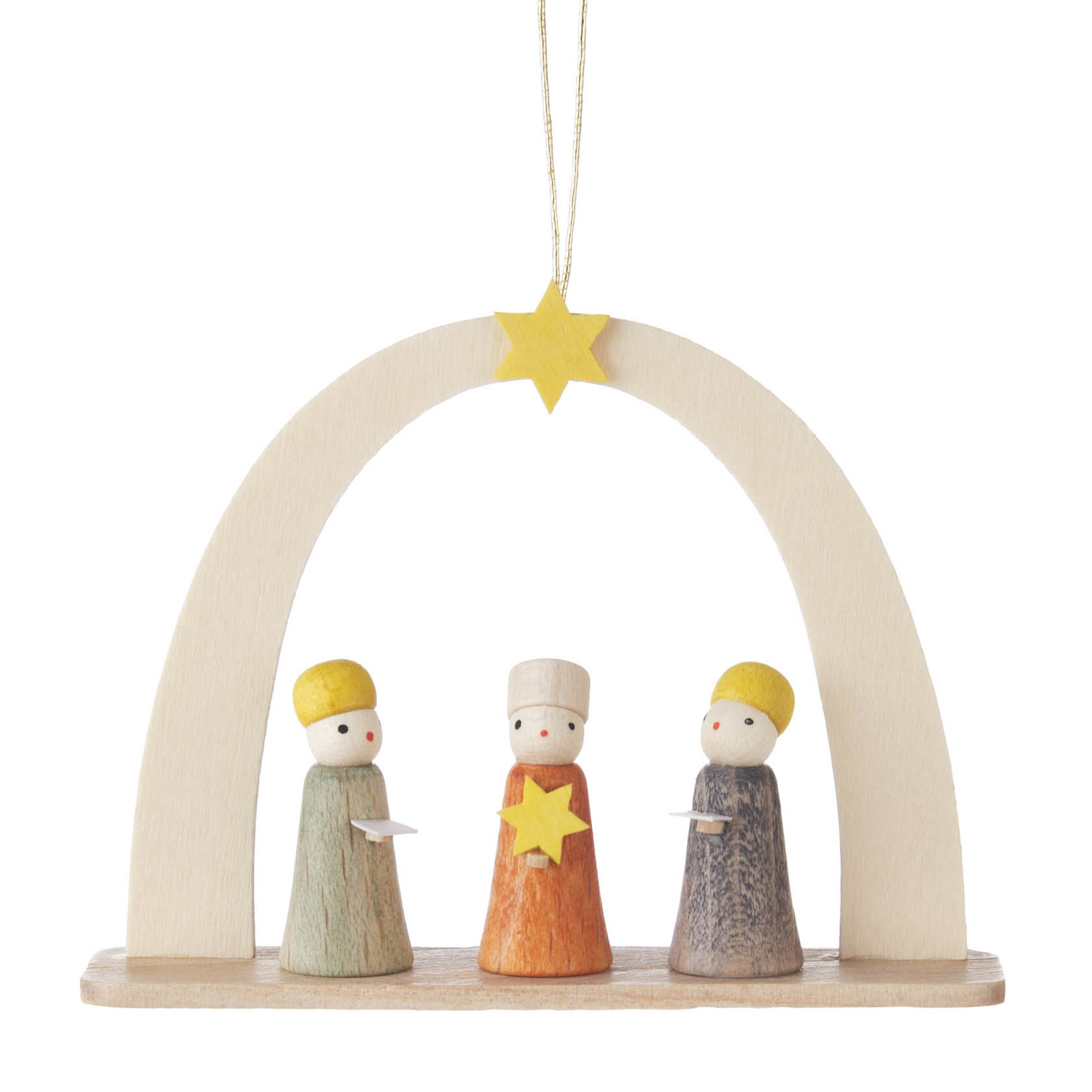Drei hölzerne Figuren mit goldenen Sternen auf den Hüten stehen unter einem Bogen, der ebenfalls mit einem goldenen Stern verziert ist. im Dregeno Online Shop günstig kaufen