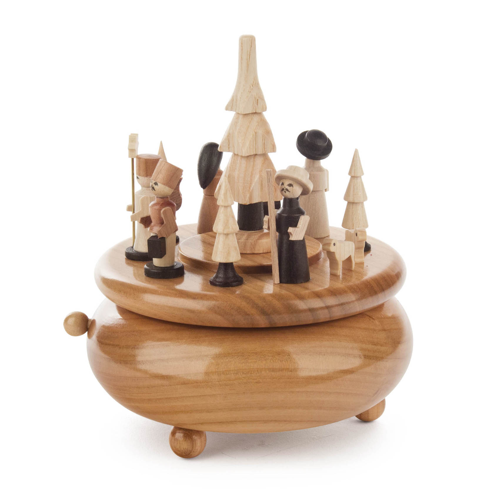 Naturfarbene Spieldose mit Krippefiguren, einschließlich Hirten und Bäume rund um die zentrale Weihnachtsszene. Die Melodie ist 'O Du Fröhliche'.