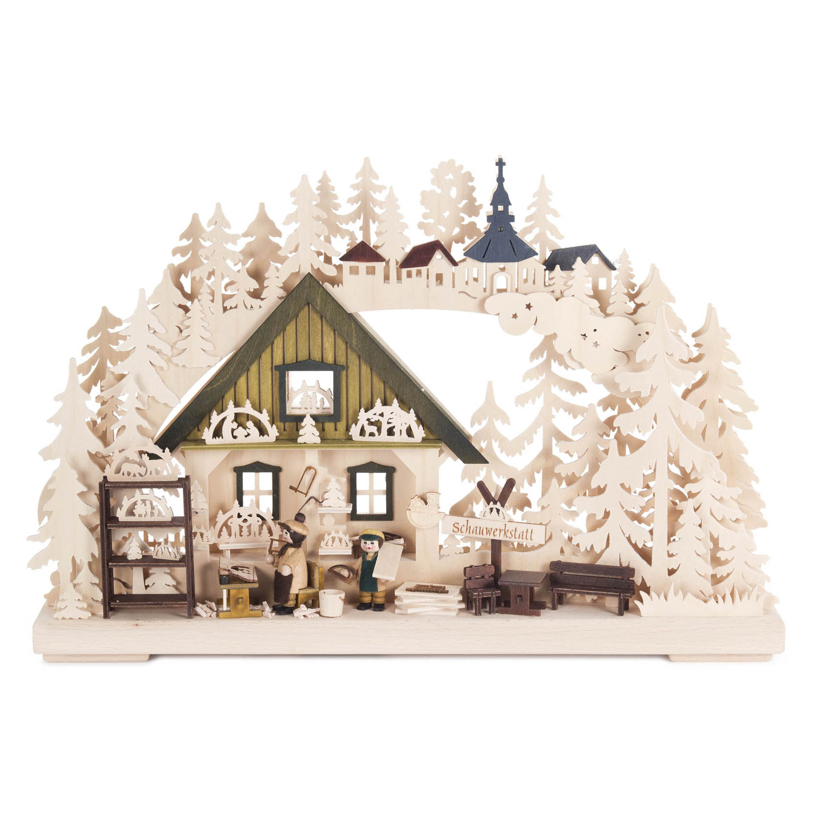 Ein Holz-Schmuckbogen zeigt eine Werkstatt mit Figuren von Schwibbogenherstellern. Die Szene ist mit indirekter elektrischer Beleuchtung ausgestattet. im Dregeno Online Shop günstig kaufen