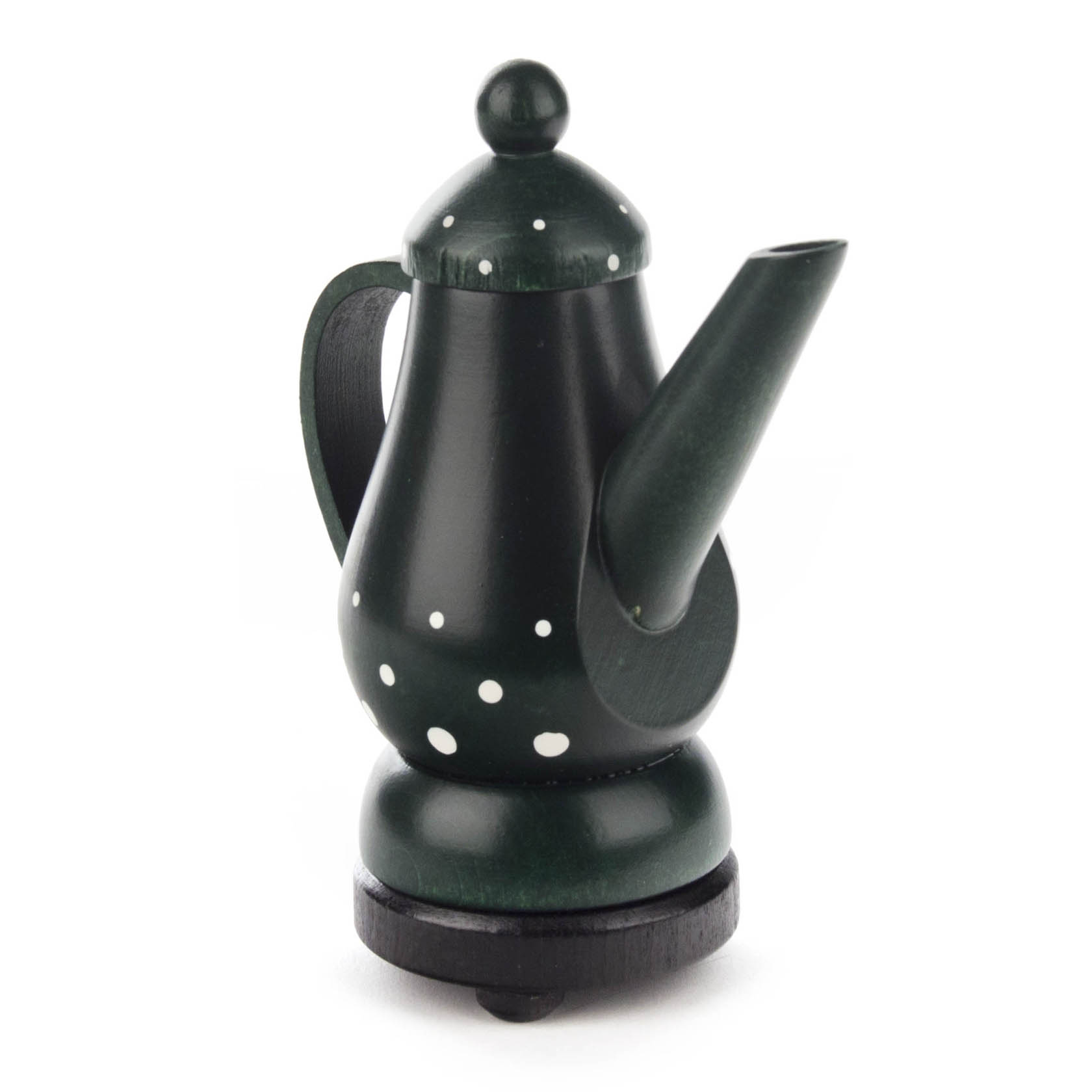 Grüne Räucherfigur in Form einer Kaffeekanne mit weißen Punkten auf einem runden Sockel. im Dregeno Online Shop günstig kaufen