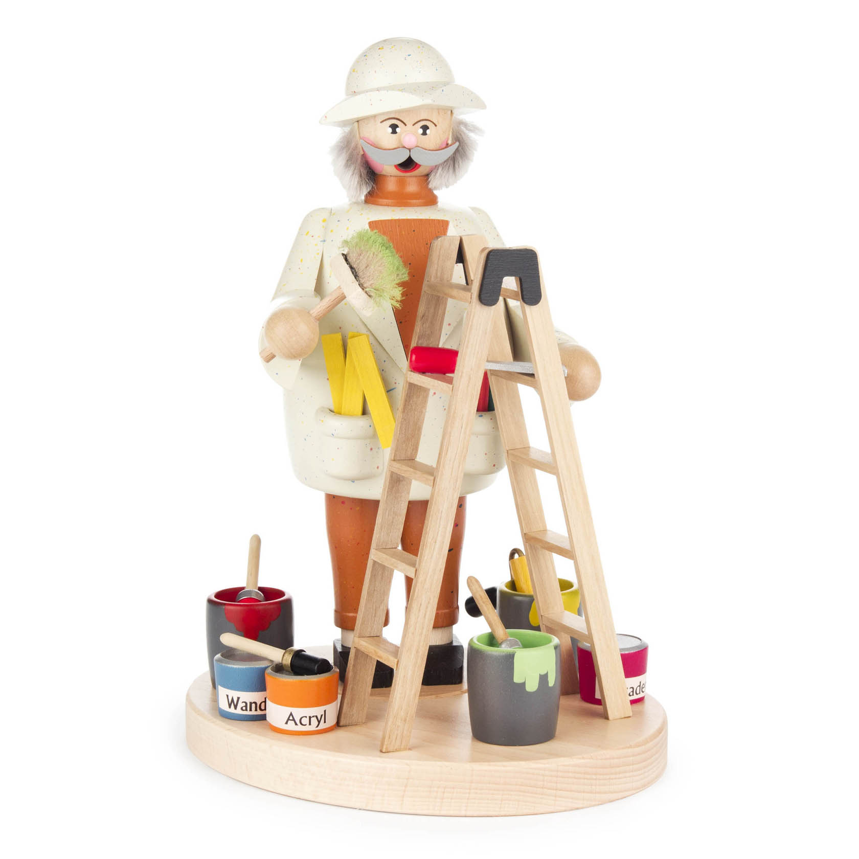 Holzfigur eines Malers mit weißem Hut, der eine Farbrolle hält, umgeben von bunten Farbtöpfen und einer Leiter. im Dregeno Online Shop günstig kaufen
