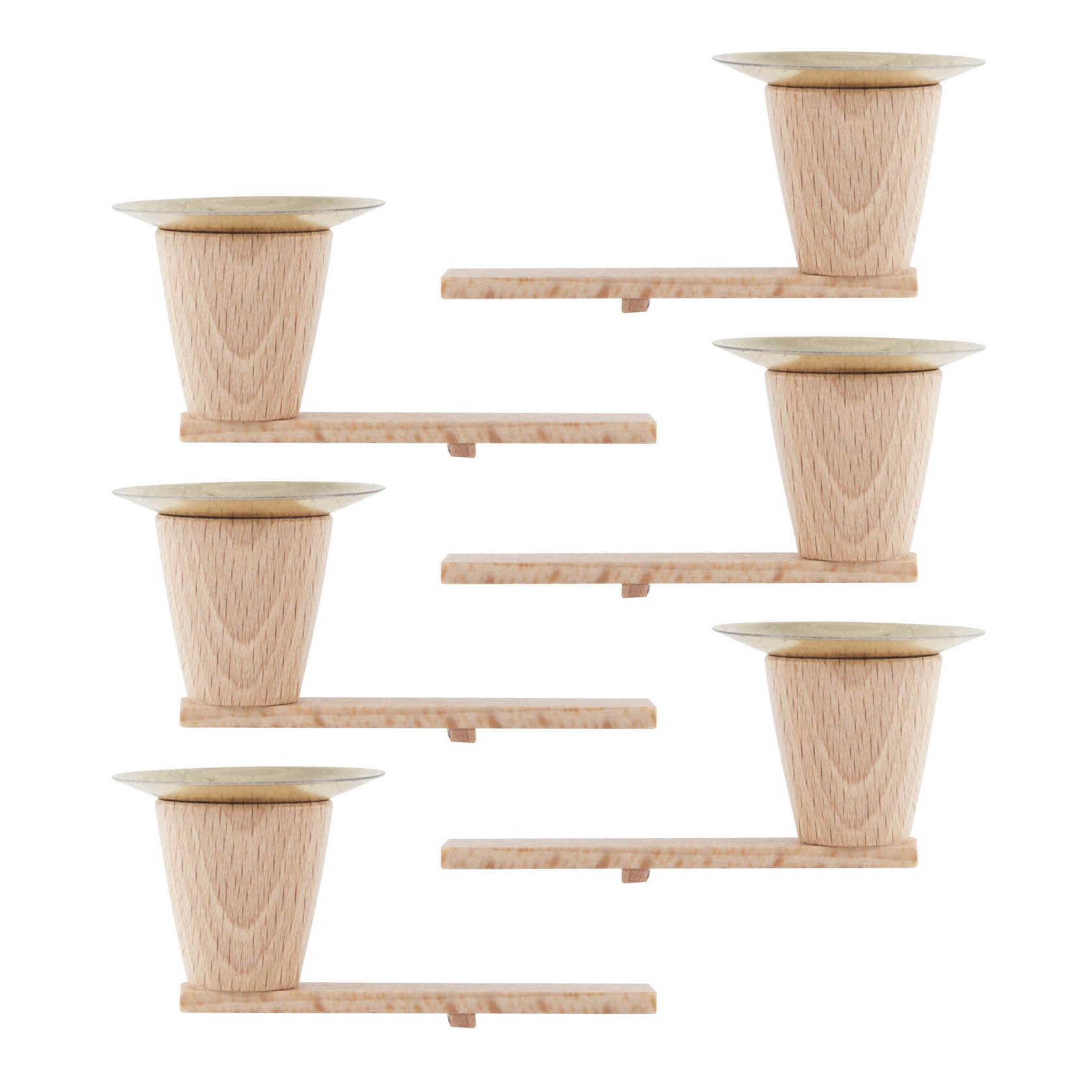 Sechs runde, holzfarbene Tüllen mit erweiterten Ausläufern, symmetrisch in zwei Spalten nebeneinander angeordnet. im Dregeno Online Shop günstig kaufen