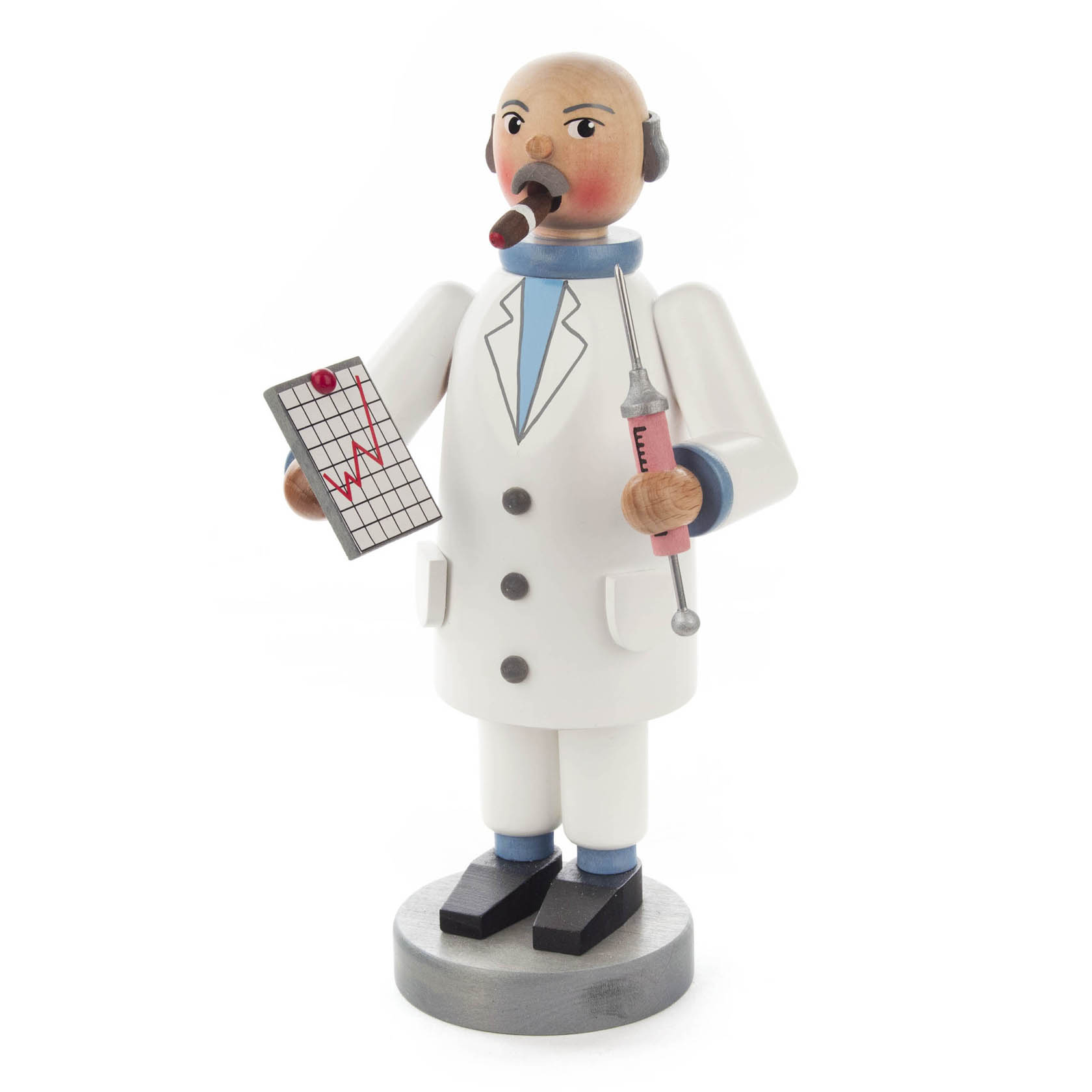 A wooden incense smoker figure of a bald doctor wearing a white coat, holding a syringe and a clipboard with a chart, and a pipe in his mouth.