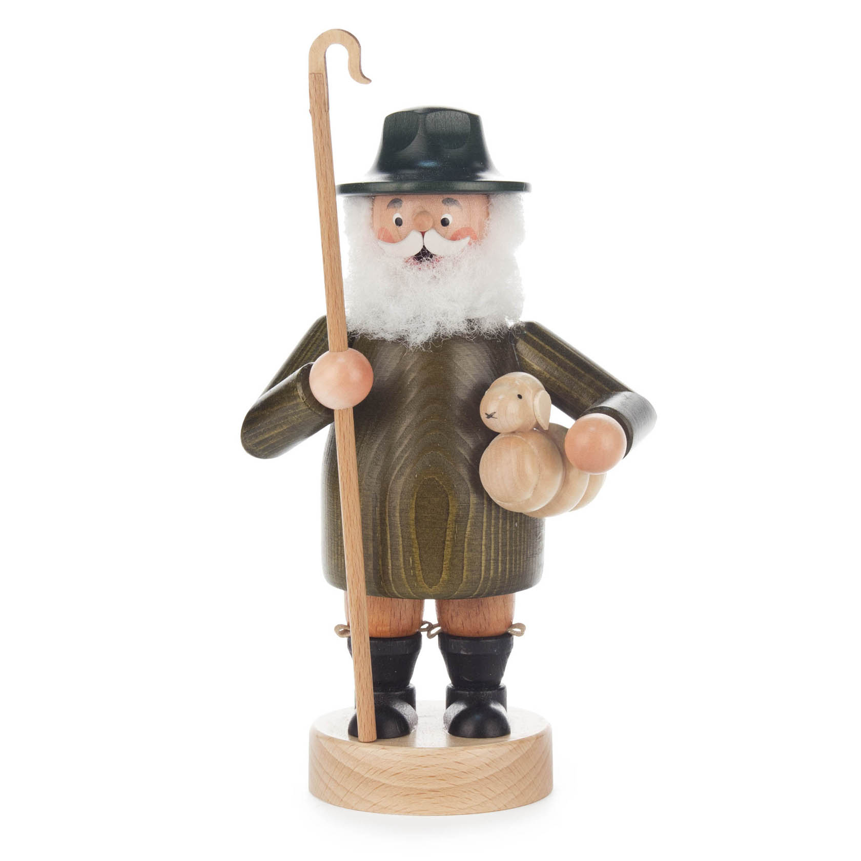 A wooden incense burner figurine of a shepherd with a black hat, holding a staff and a small wooden sheep. im Dregeno Online Shop günstig kaufen