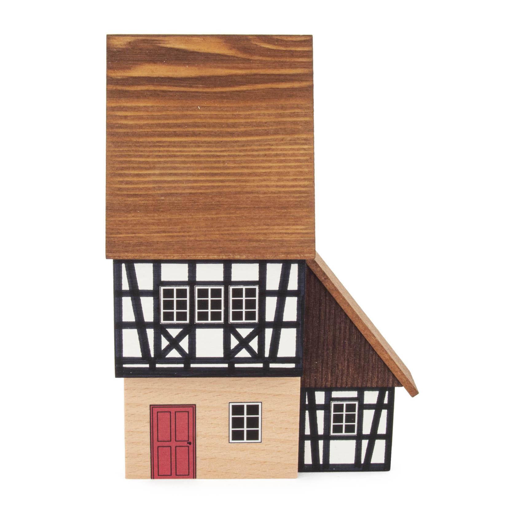 Holzmodell eines Fachwerkhauses mit roter Tür und großem Satteldach, daneben ein kleinerer Anbau mit kleinem Giebeldach. im Dregeno Online Shop günstig kaufen