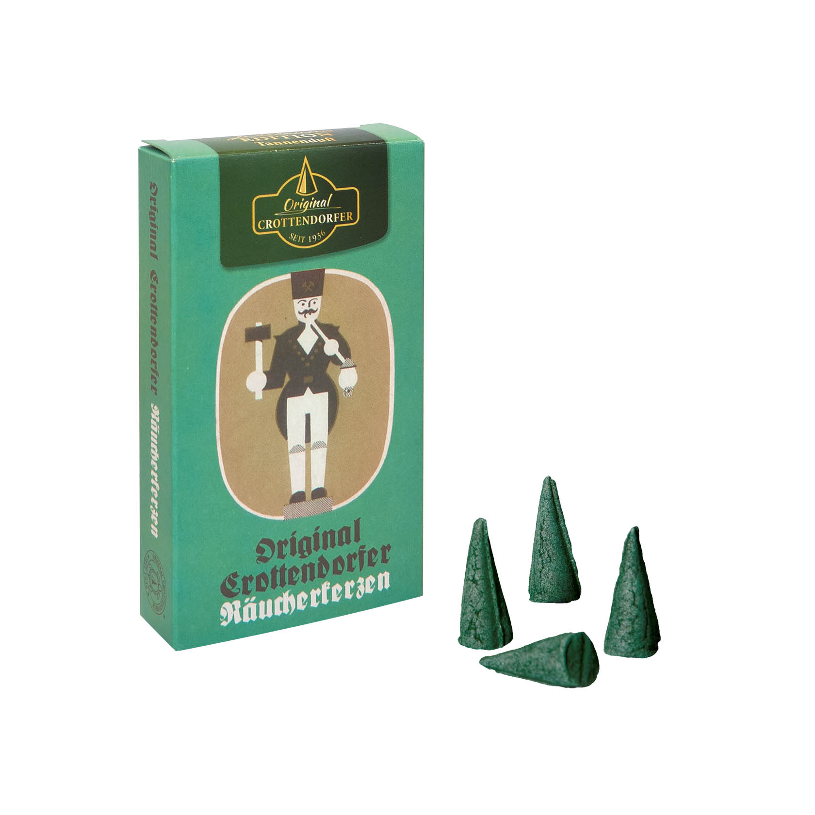 Eine Packung Crottendorfer Räucherkerzen Jubiläums-Edition mit Tannenduft. Vier kegelförmige Räucherkerzen sind sichtbar, teilweise mit Rauch. im Dregeno Online Shop günstig kaufen