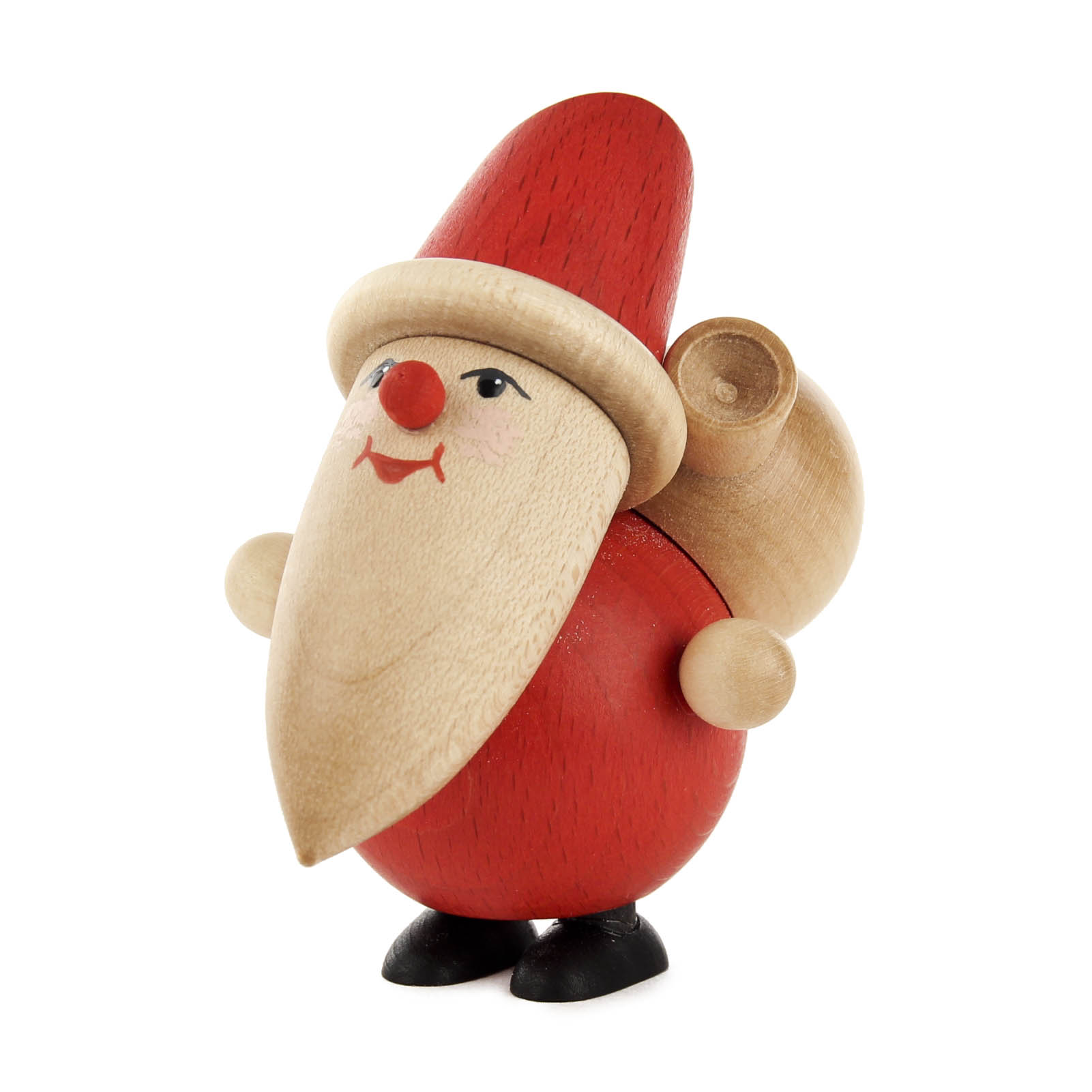 Holzfigur eines Weihnachtsmannes mit rotem Mantel und Mütze, schwarzem Schuhen und einem beigefarbenen Sack auf dem Rücken. im Dregeno Online Shop günstig kaufen