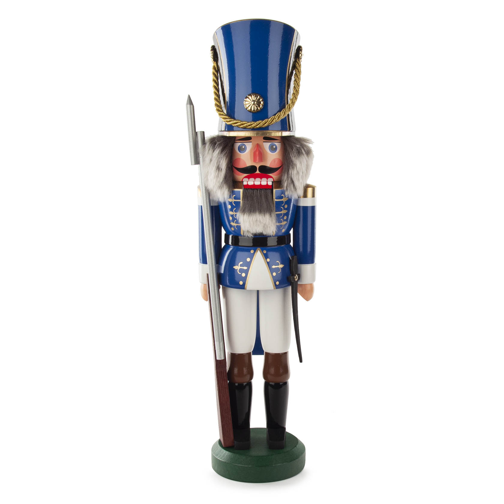 Ein traditioneller blauer Nussknacker-Soldat von 45 cm Größe, mit goldenen Verzierungen, Pelzmütze und einem Gewehr in der rechten Hand. im Dregeno Online Shop günstig kaufen