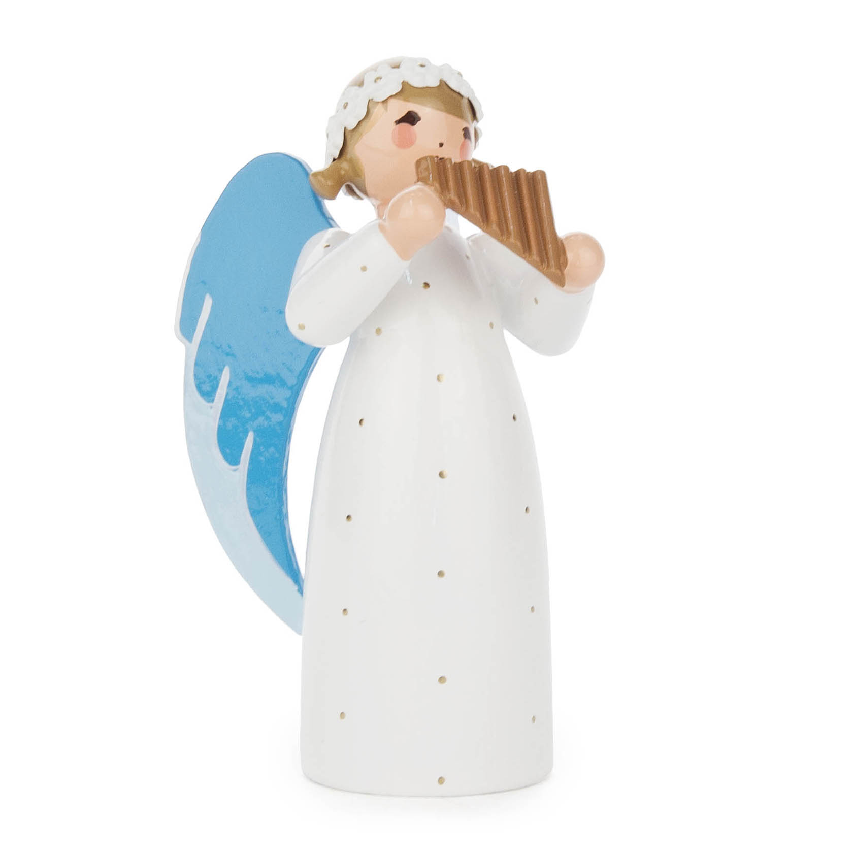 Engel-Figur mit blauen Flügeln spielt Panflöte, trägt ein weißes, gepunktetes Gewand. im Dregeno Online Shop günstig kaufen
