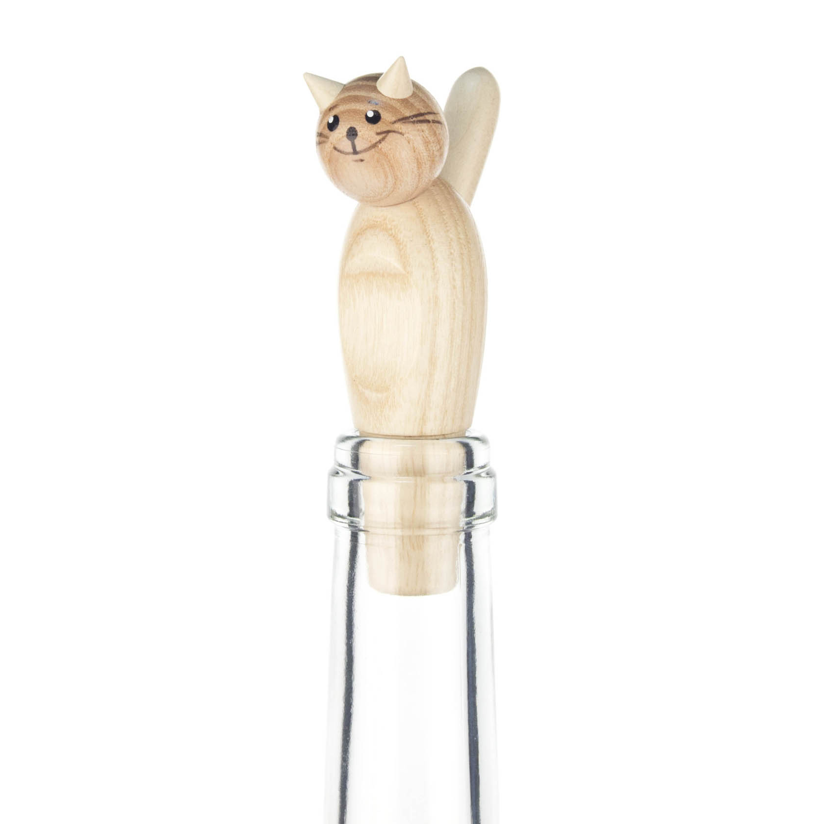 Flaschenverschluss aus Holz in Form eines Katzenkopfes, der auf einer klaren Glasflasche angebracht ist. im Dregeno Online Shop günstig kaufen