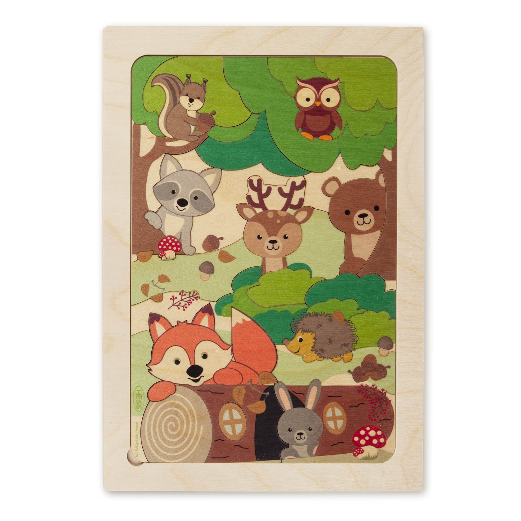 Holzpuzzle mit illustrierten Waldtieren: Fuchs, Hase, Igel, Reh, Eule, Bär und Eichhörnchen. im Dregeno Online Shop günstig kaufen