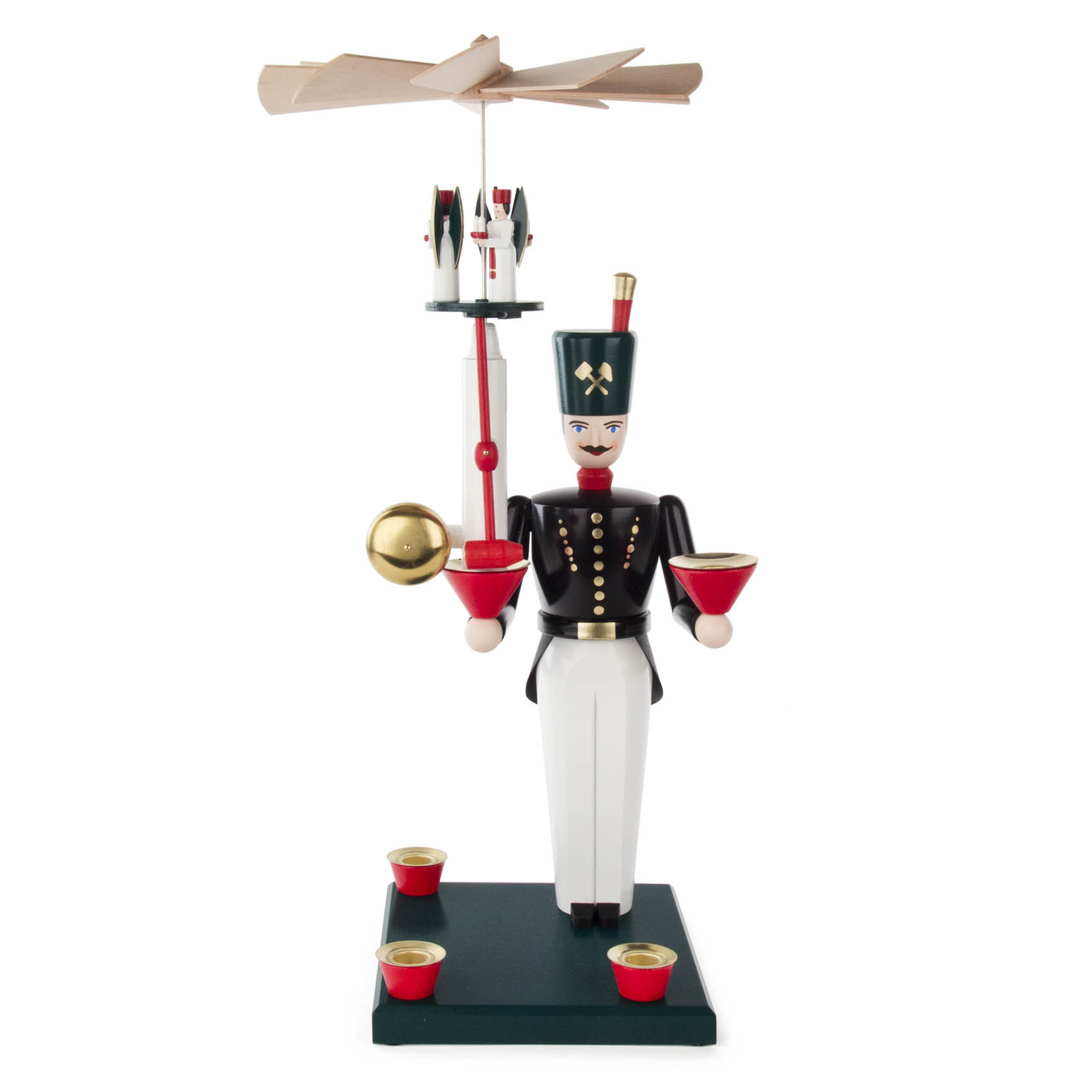 Colorful wooden mountain miner figurine with a green and black uniform, holding a bell and lantern, topped with a rotating propeller. im Dregeno Online Shop günstig kaufen