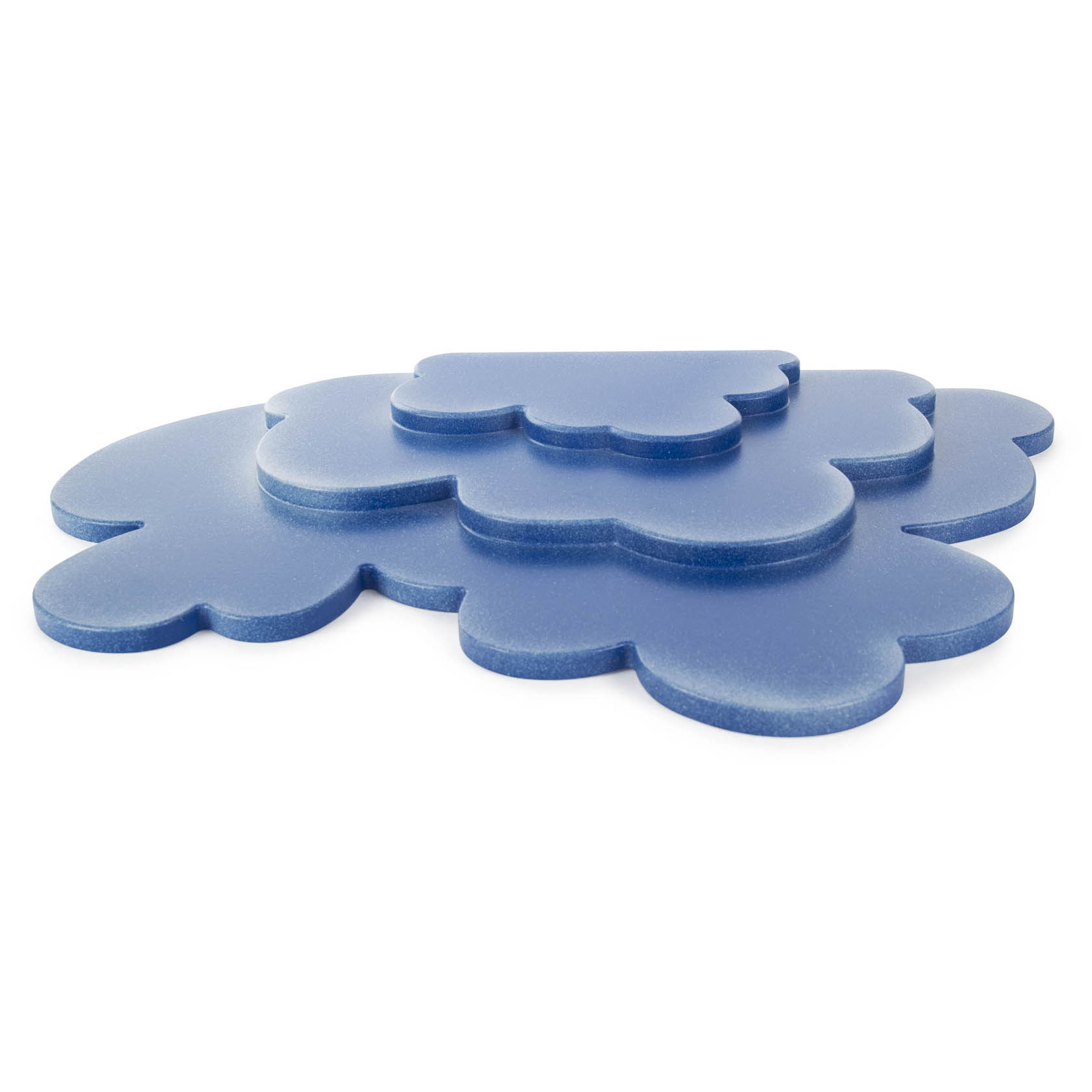 Three blue cloud-shaped stackable foam pads in descending size order, piled on top of each other.