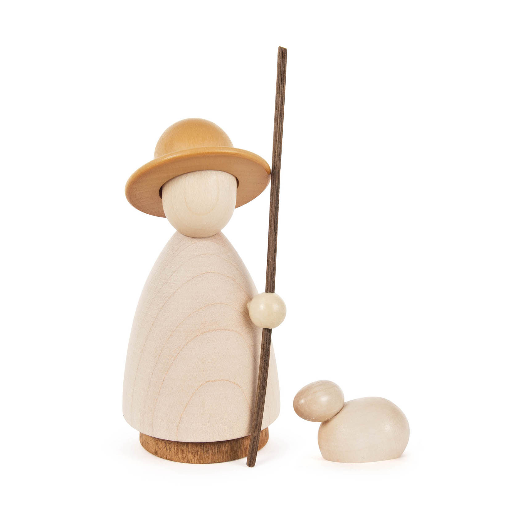 Holzfigur eines Schäfers mit rundem Hut und Stab, daneben ein kleiner liegender Holzwollschaf. im Dregeno Online Shop günstig kaufen