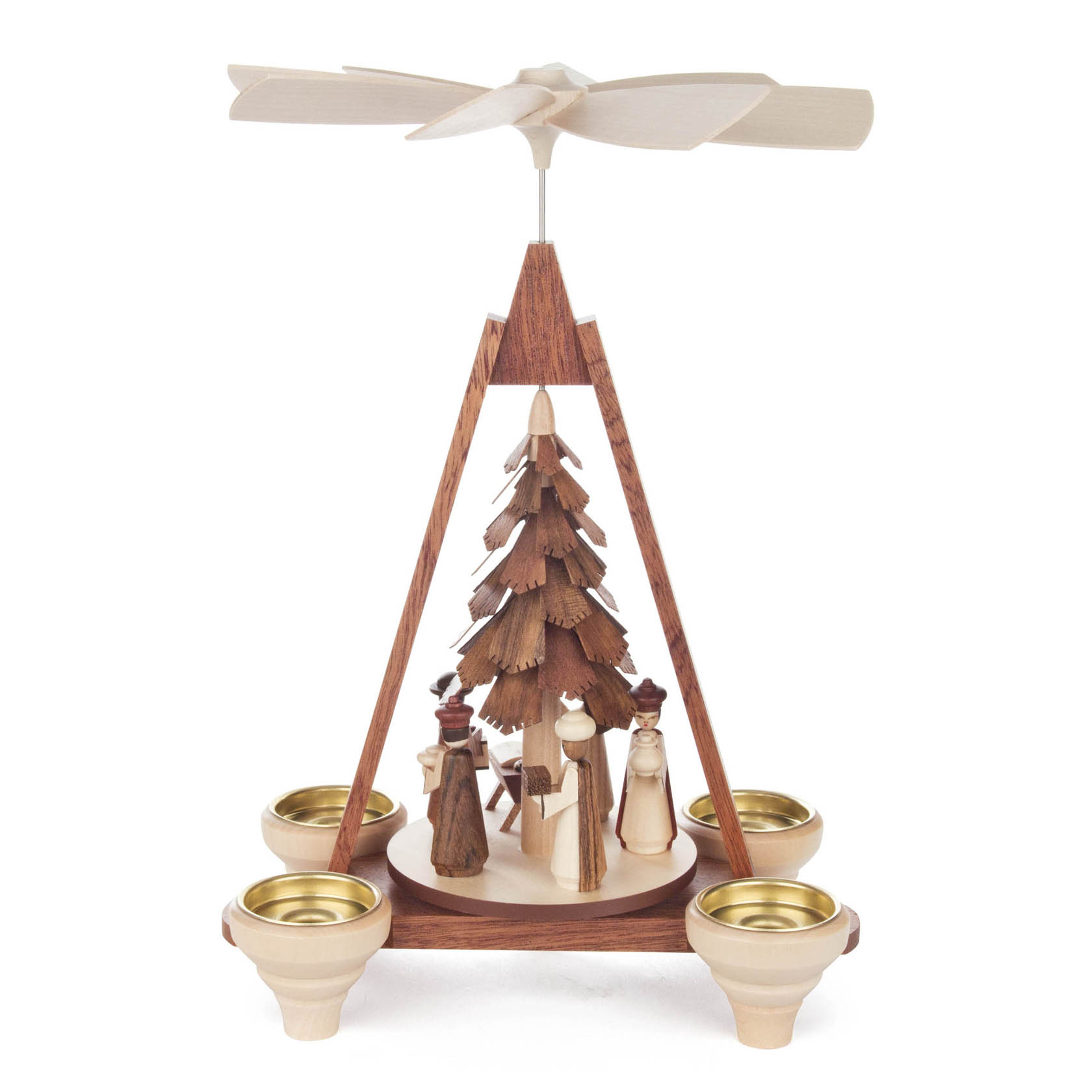 Holzpyramide mit Krippenszene, einschließlich Maria, Josef und dem Jesuskind, umgeben von drei Königen. Vier Kerzenhalter und ein Rotor sind vorhanden.
