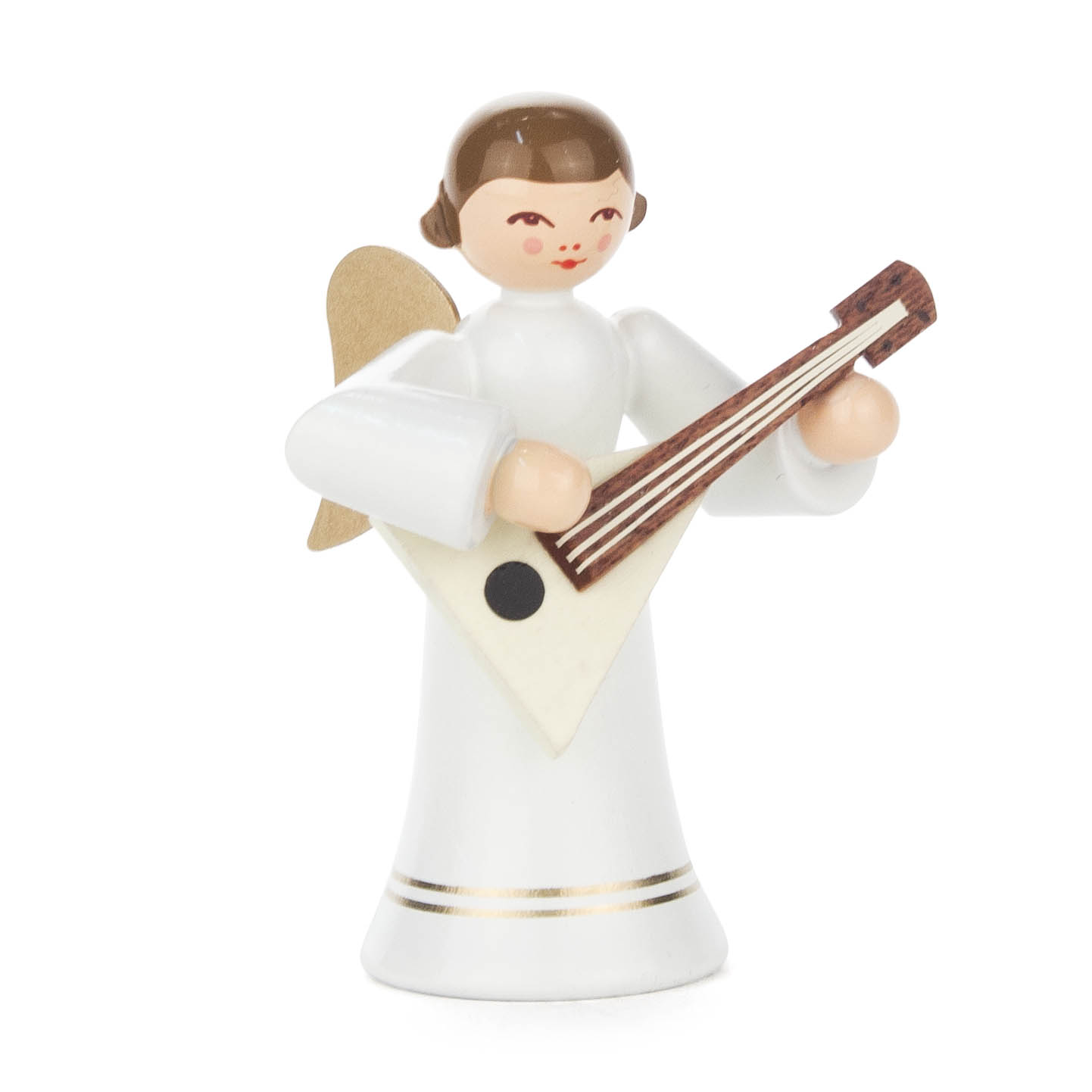 A small wooden angel figurine with brown hair, wearing a long white robe, playing a balalaika with golden wings attached. im Dregeno Online Shop günstig kaufen