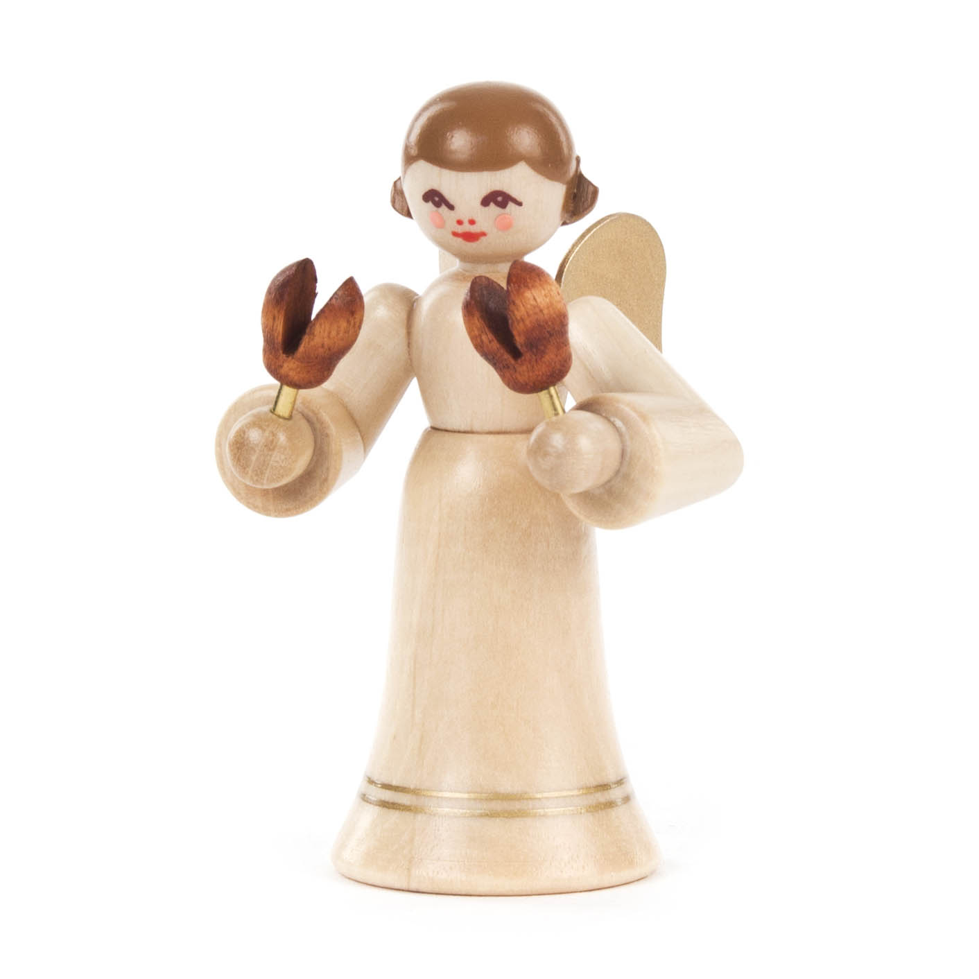 Holzengel-Figur mit kurzen braunen Haaren, goldenen Flügeln, weißen Kleid und hält Kastagnetten in den Händen. Figur steht auf einem runden Sockel. im Dregeno Online Shop günstig kaufen