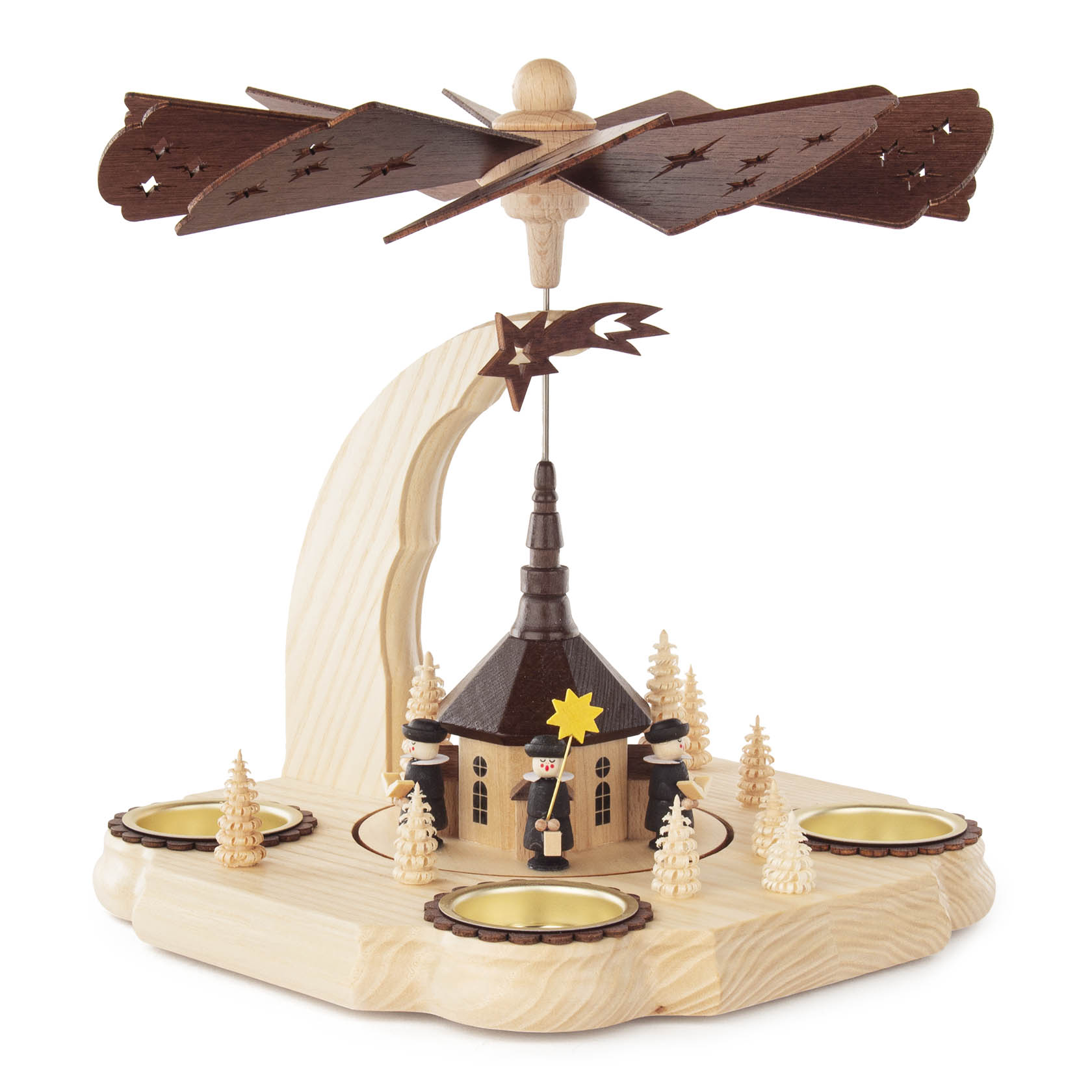 Holzpyramide mit einer Miniatur der Seiffener Kirche in der Mitte, umgeben von Kurrende-Sängern und Bäumen. Oben dreht sich ein Flügelrad. im Dregeno Online Shop günstig kaufen