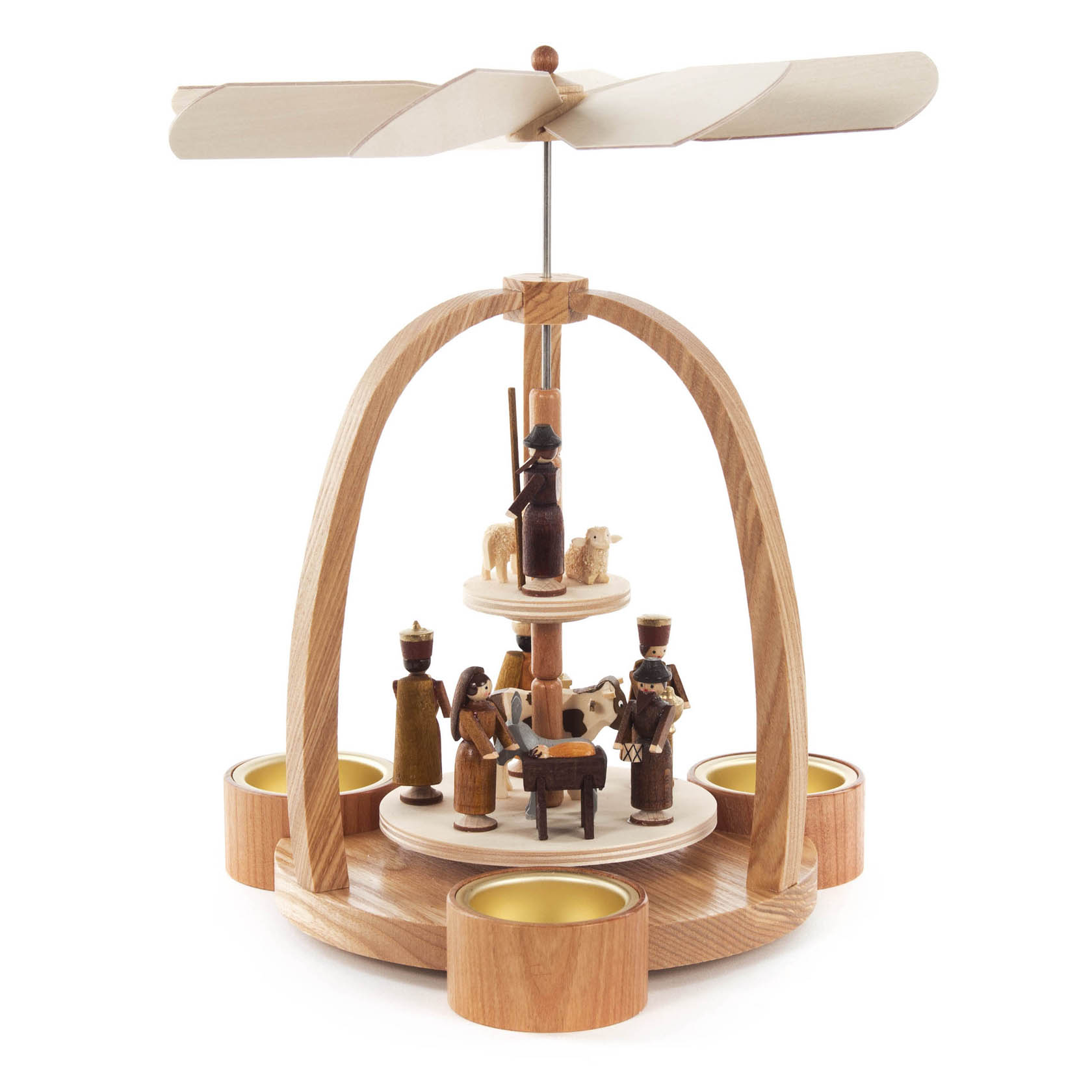 Holzpyramide mit der Darstellung der Geburt Christi, umgeben von Teelicht-Haltern, oben drehende Holzflügel. im Dregeno Online Shop günstig kaufen