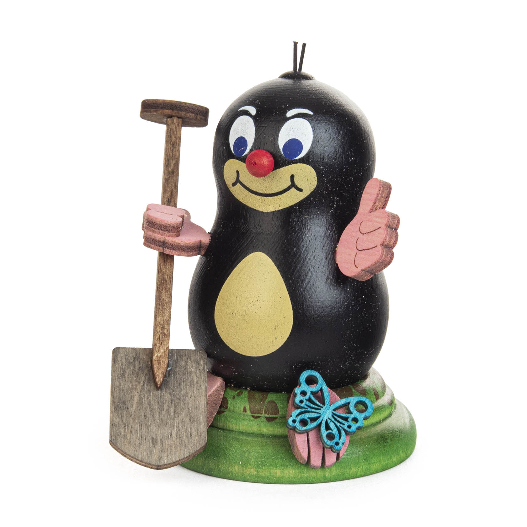 Wooden figurine of a cartoon mole named 'Paul' with a big smile, holding a spade in one hand and giving a thumbs-up with the other. A blue butterfly sits on the base. im Dregeno Online Shop günstig kaufen