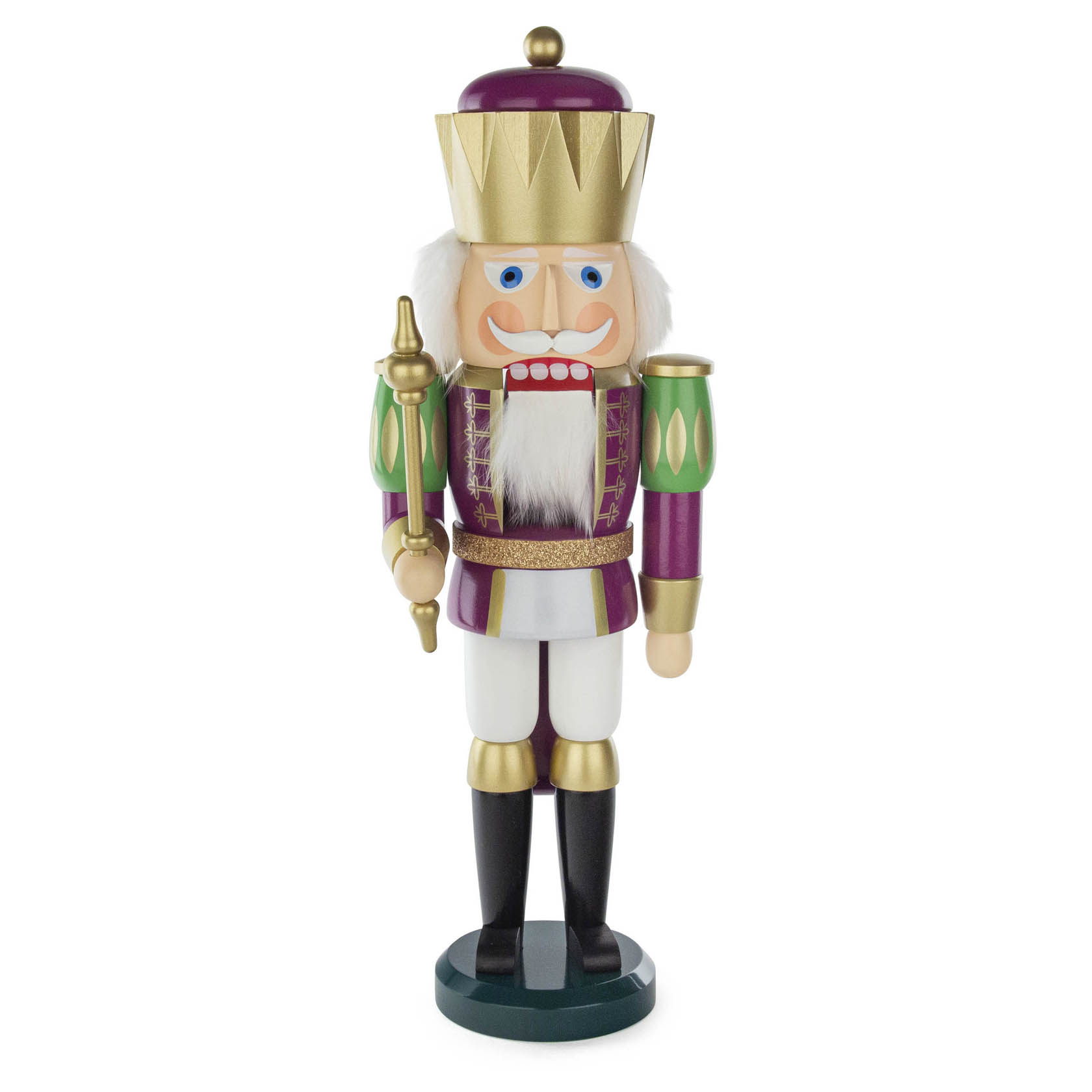 Nussknacker in purpurnem und weißem Königskostüm mit goldener Krone und Zepter, steht aufrecht auf einem grünen Sockel. im Dregeno Online Shop günstig kaufen