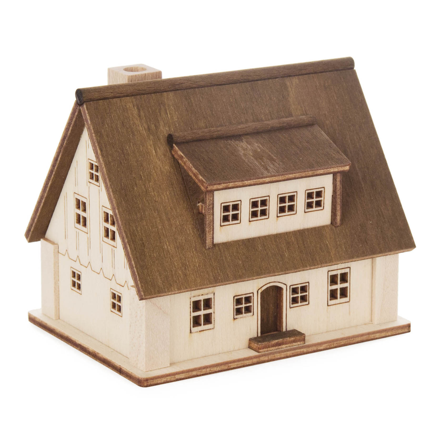Holzmodell eines traditionellen deutschen Wohnhauses mit zwei kleinen Fenstersets und einem Satteldach. im Dregeno Online Shop günstig kaufen