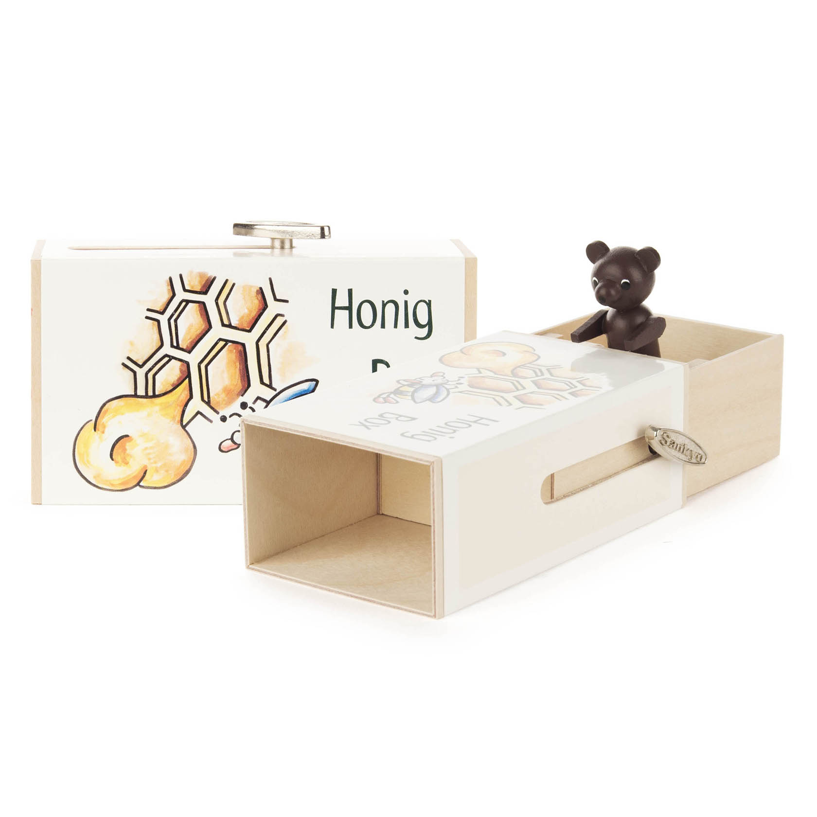 Holzschiebebox mit der Aufschrift 'Honig-Box'. Ein kleiner Bär sitzt in der geöffneten Box. Auf der Box ist eine Honigwabe abgebildet. im Dregeno Online Shop günstig kaufen