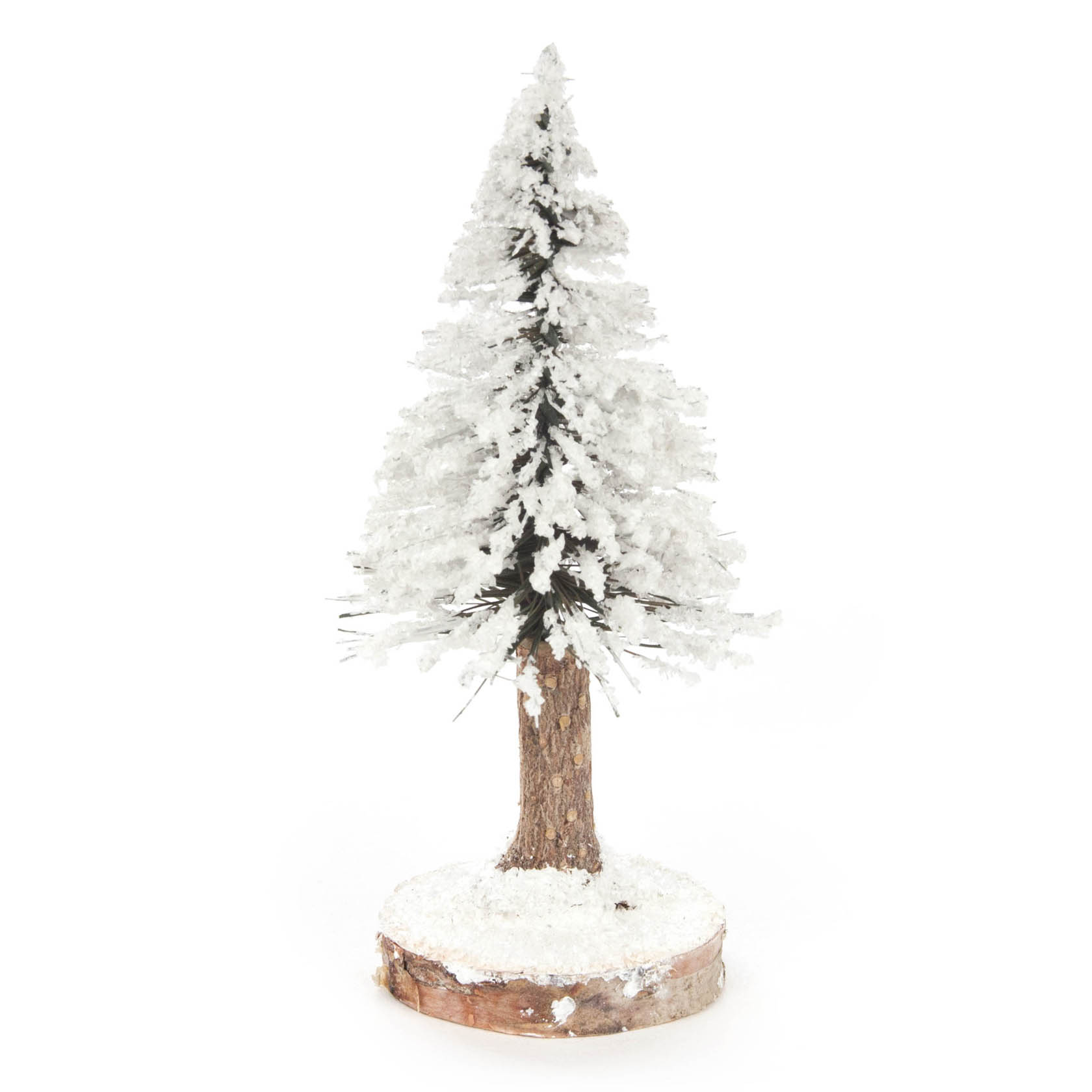 Ein schneebedecktes Fichtenmodell, 11,5 cm hoch, auf einer runden, holzähnlichen Basis stehend. im Dregeno Online Shop günstig kaufen