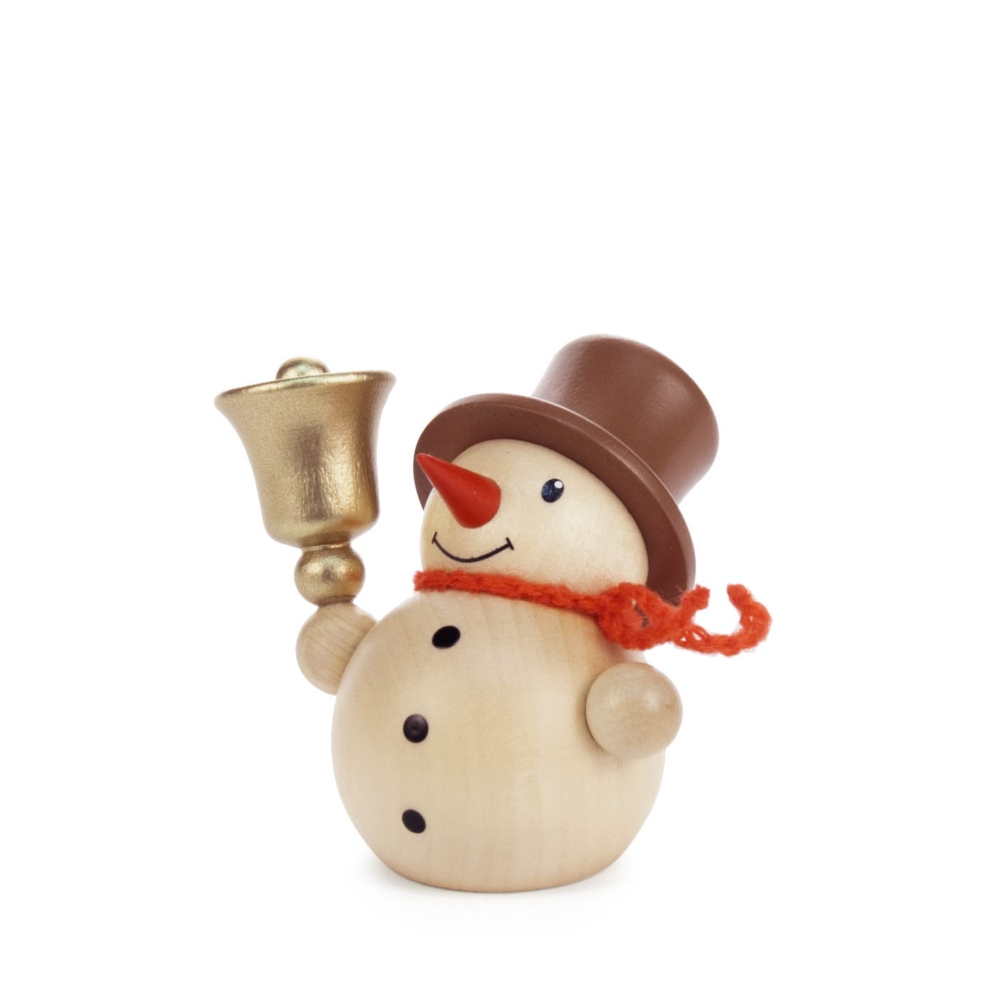 Ein kleiner, naturbelassener Holzschneemann mit Zylinder, rotem Schal, Karottennase und Glocke in der Hand. Er ist Teil einer Bestückung für einen Vario-Leuchter. im Dregeno Online Shop günstig kaufen