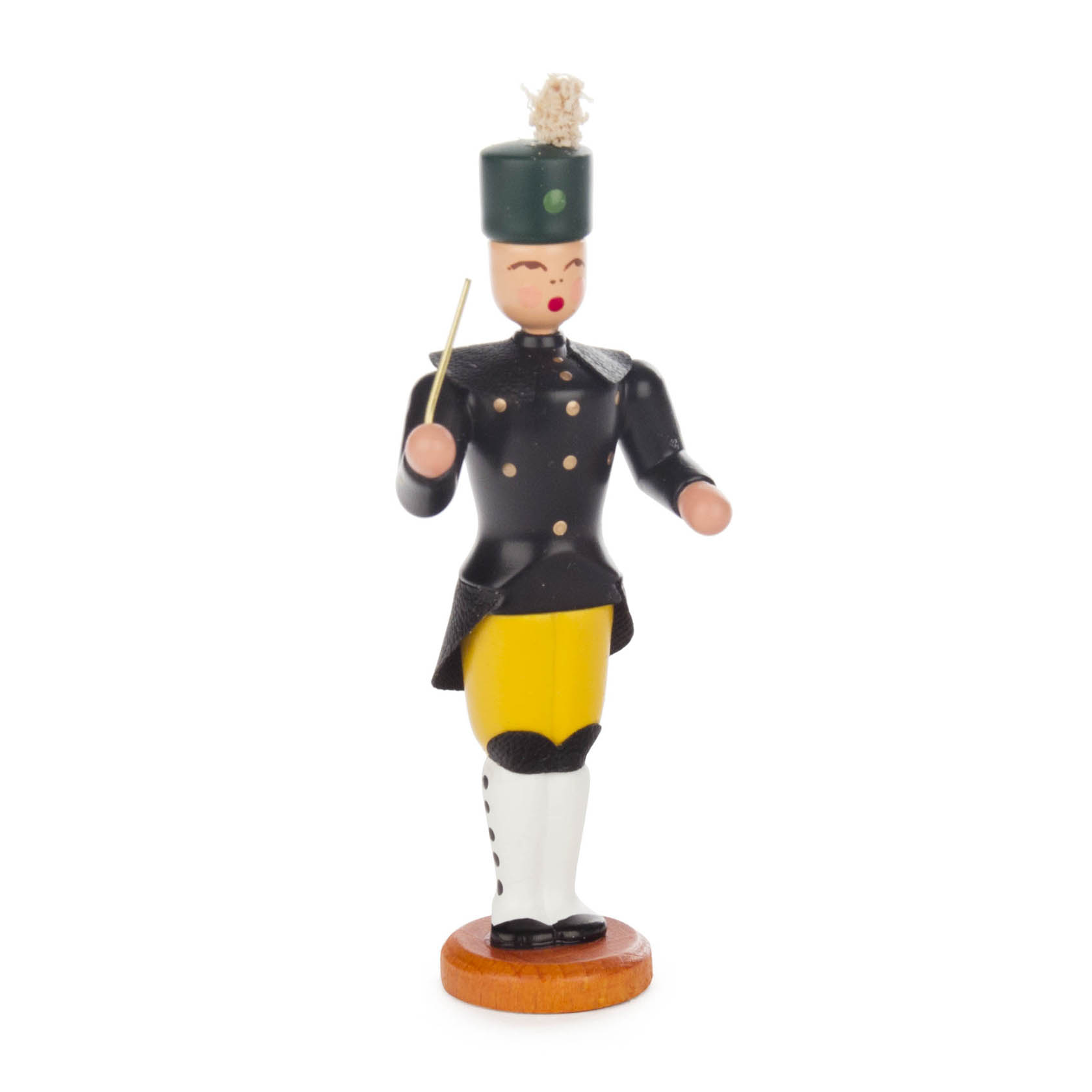 Kleine Holzfigur in Bergmannsuniform mit grünem Hut und gelben Hosen, die als Dirigent mit Taktstock posiert. im Dregeno Online Shop günstig kaufen