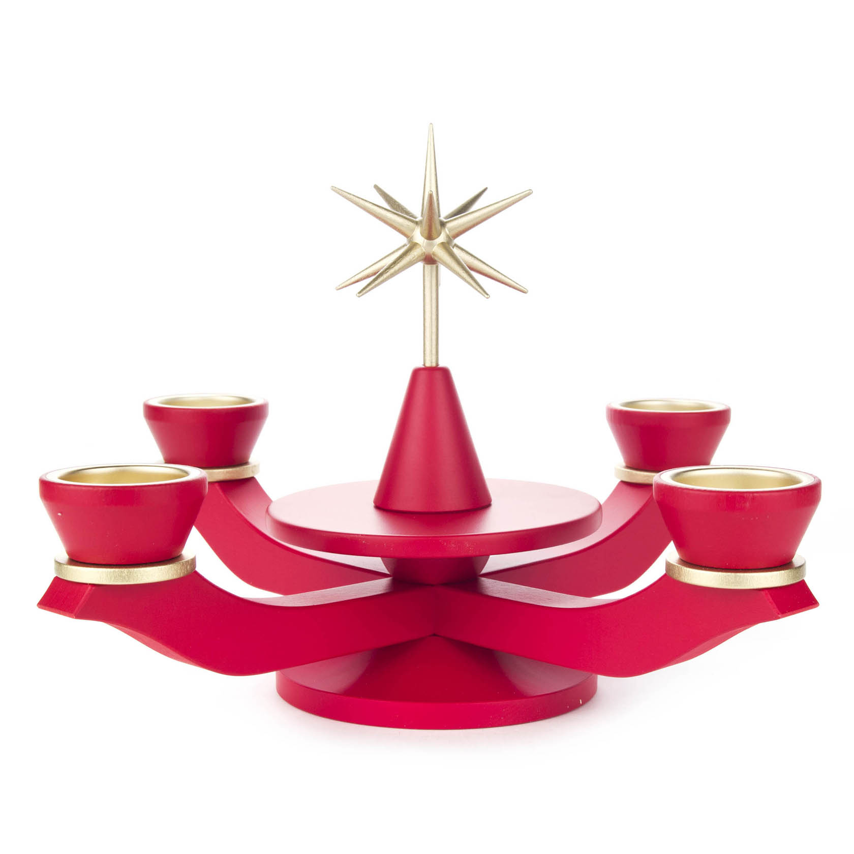 Red advent candelabrum for tea lights with a central golden star on top and four candle holders around. im Dregeno Online Shop günstig kaufen