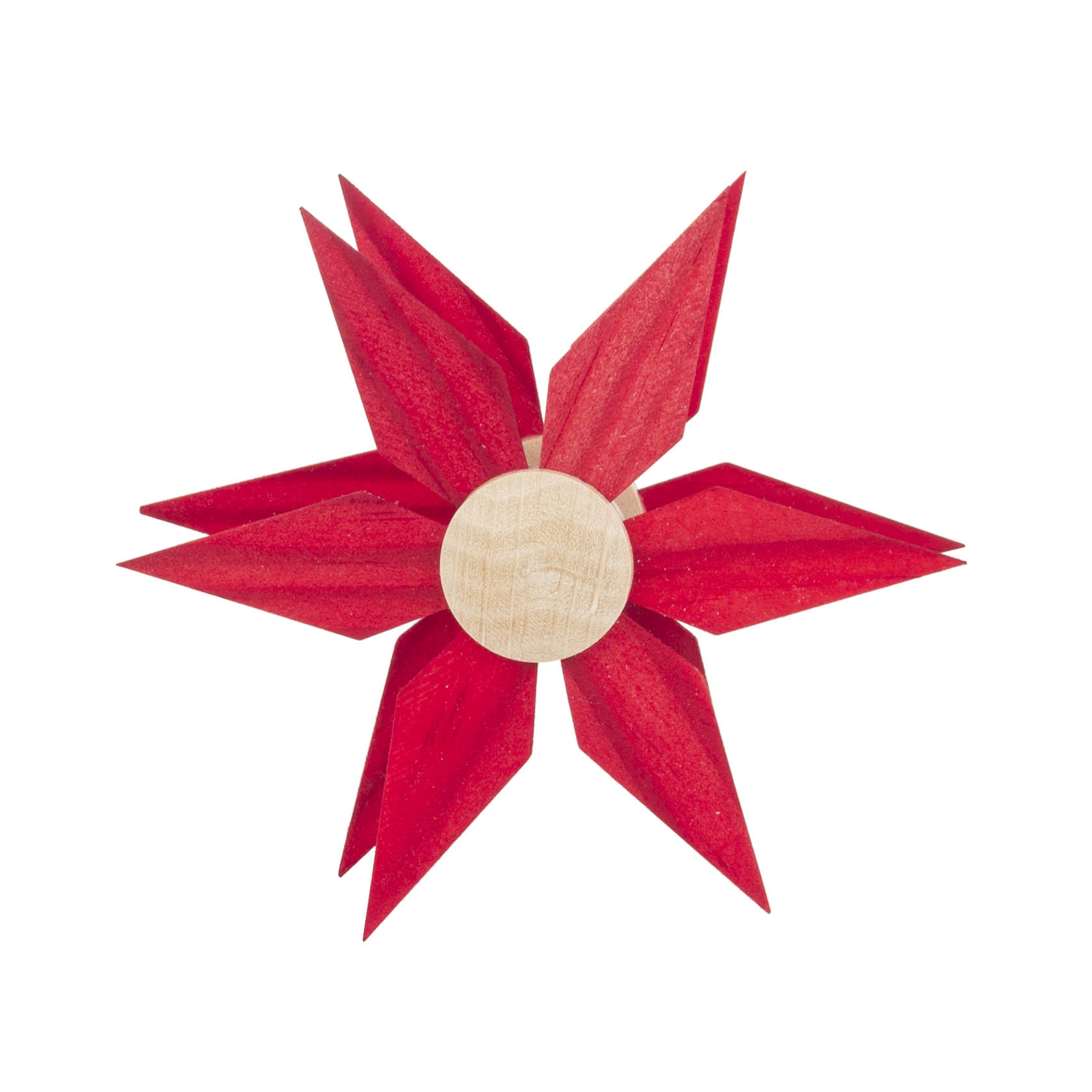Roter Aufsteckstern mit fünf spitzen Zacken und einer hellen Holzkugel in der Mitte. im Dregeno Online Shop günstig kaufen